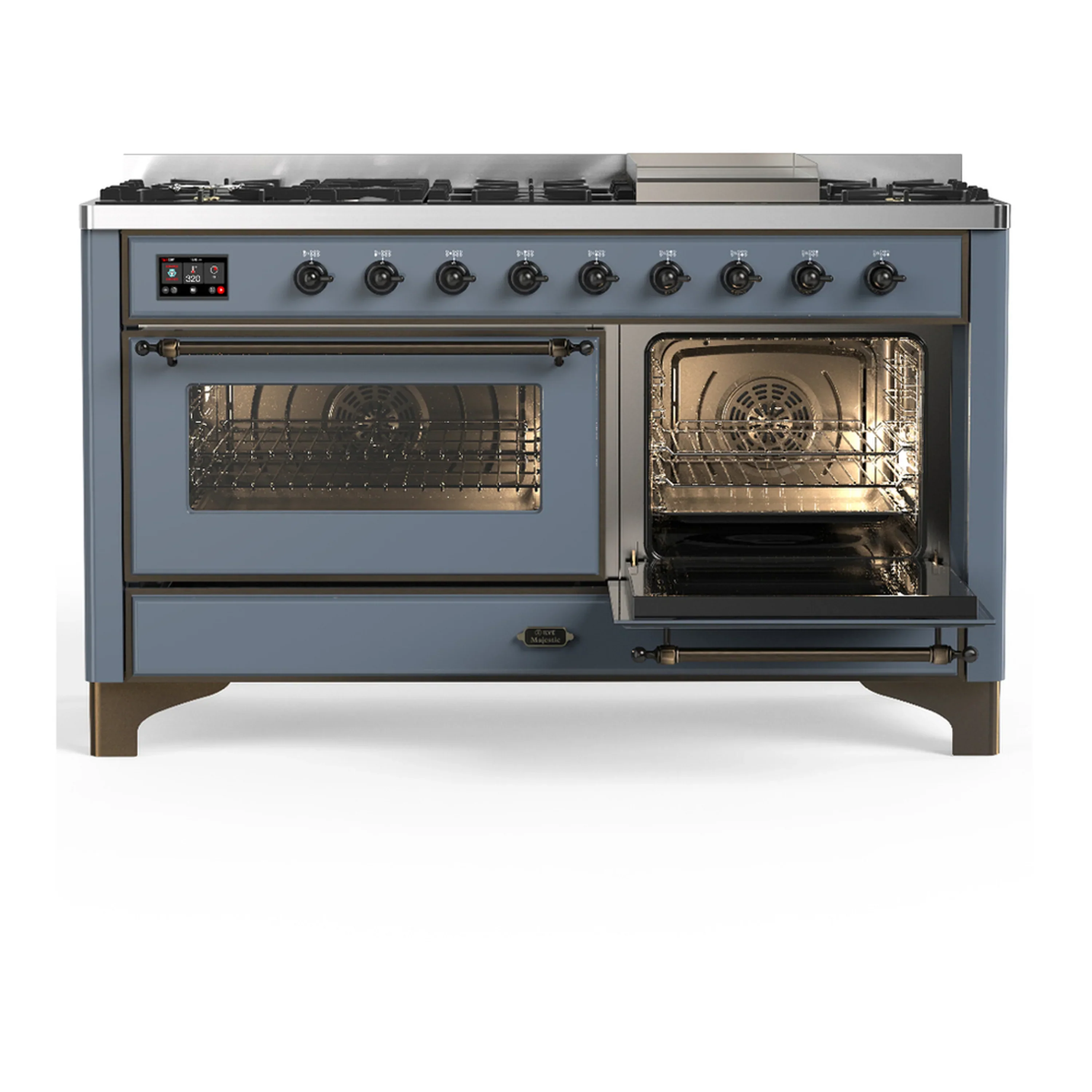 ILVE Majestic III 60-inch Dual Fuel Range with 5 Liquid Propane Burner, Griddle and Triple Glass Door Electric Oven in Blue Grey with Burnished Trim (UM60FNR3BGBLP) - Image 4