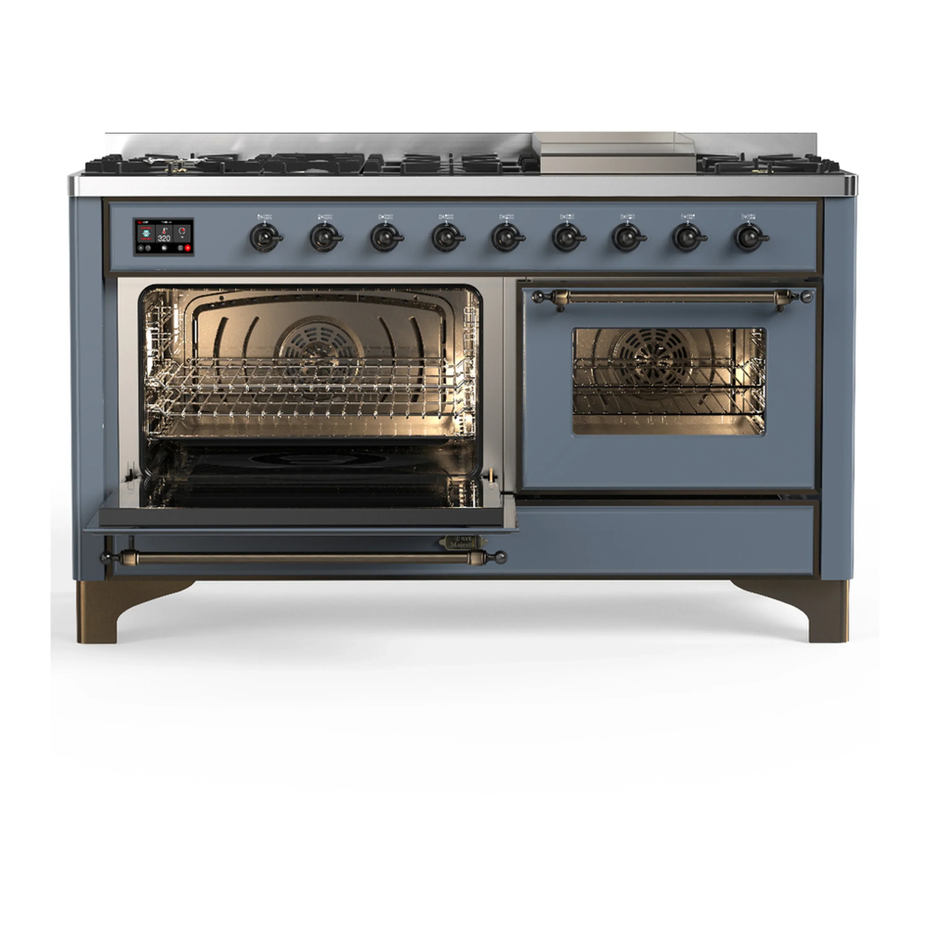 ILVE Majestic III 60-inch Dual Fuel Range with 5 Liquid Propane Burner, Griddle and Triple Glass Door Electric Oven in Blue Grey with Burnished Trim (UM60FNR3BGBLP) - Image 5