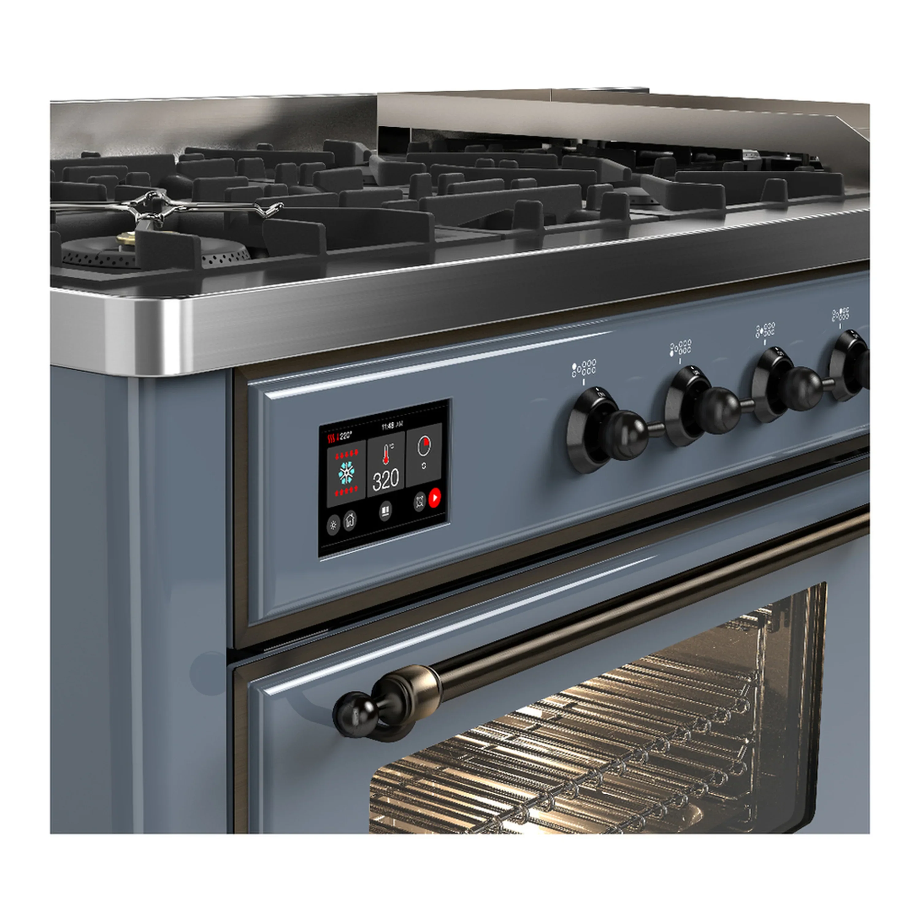 ILVE Majestic III 60-inch Dual Fuel Range with 5 Liquid Propane Burner, Griddle and Triple Glass Door Electric Oven in Blue Grey with Burnished Trim (UM60FNR3BGBLP) - Image 7