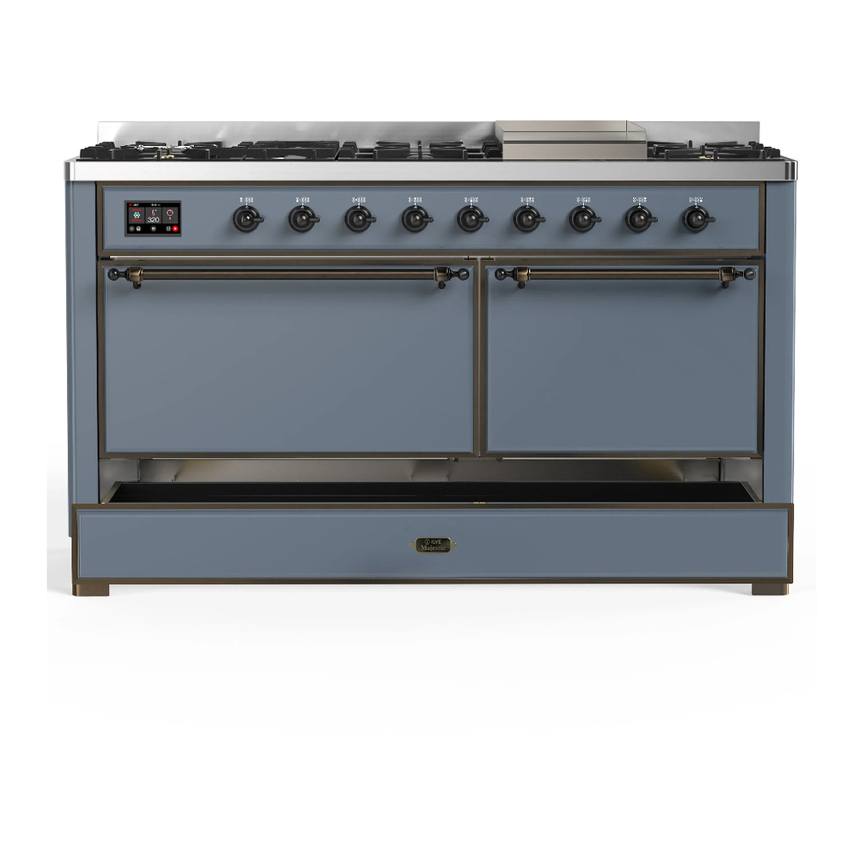 ILVE Majestic III 60-inch Dual Fuel Range with 7 Natural Gas Burner, Griddle and Solid Door Electric Oven in Blue Grey with Burnished Trim (UM60FQNR3BGB) - Image 3