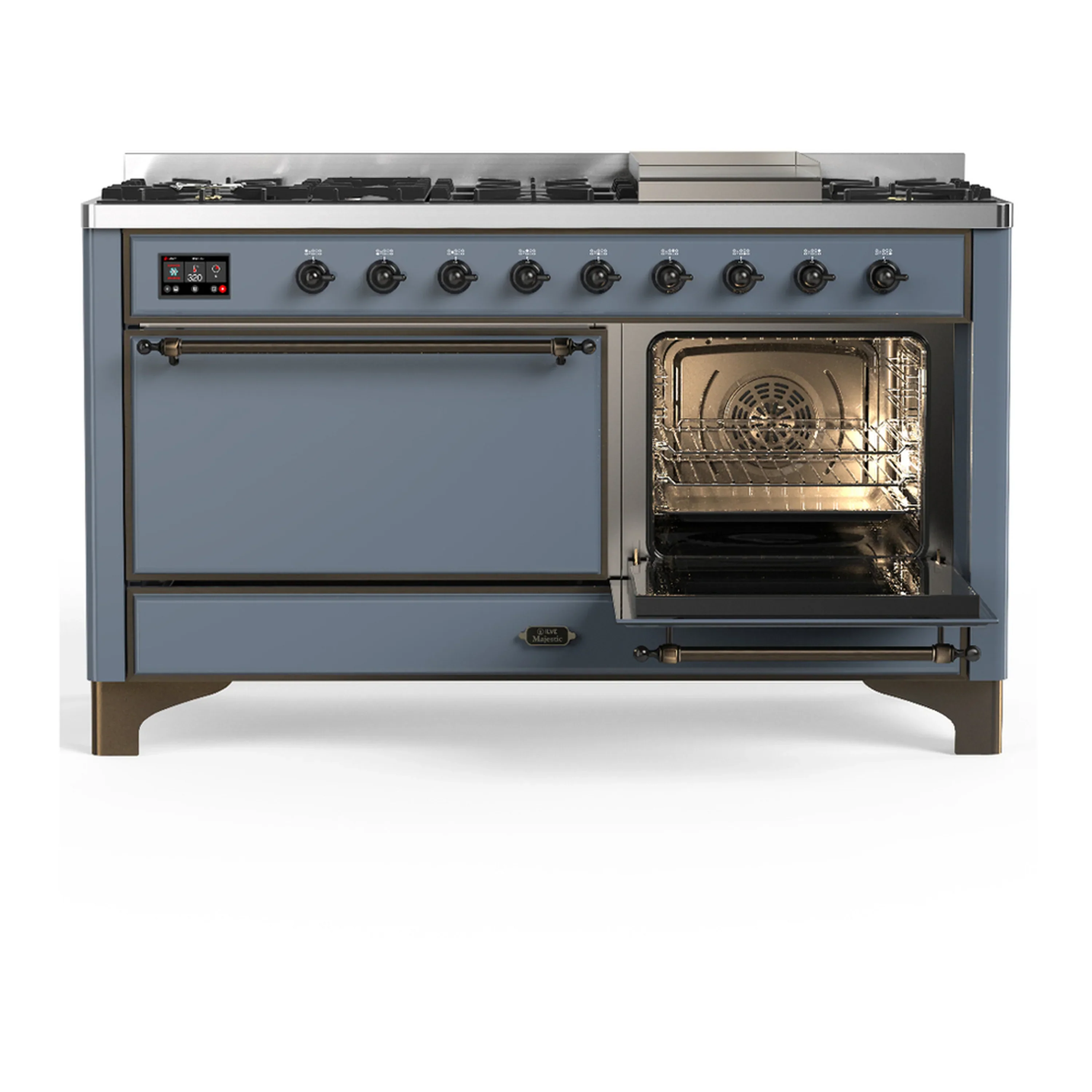 ILVE Majestic III 60-inch Dual Fuel Range with 7 Natural Gas Burner, Griddle and Solid Door Electric Oven in Blue Grey with Burnished Trim (UM60FQNR3BGB) - Image 4