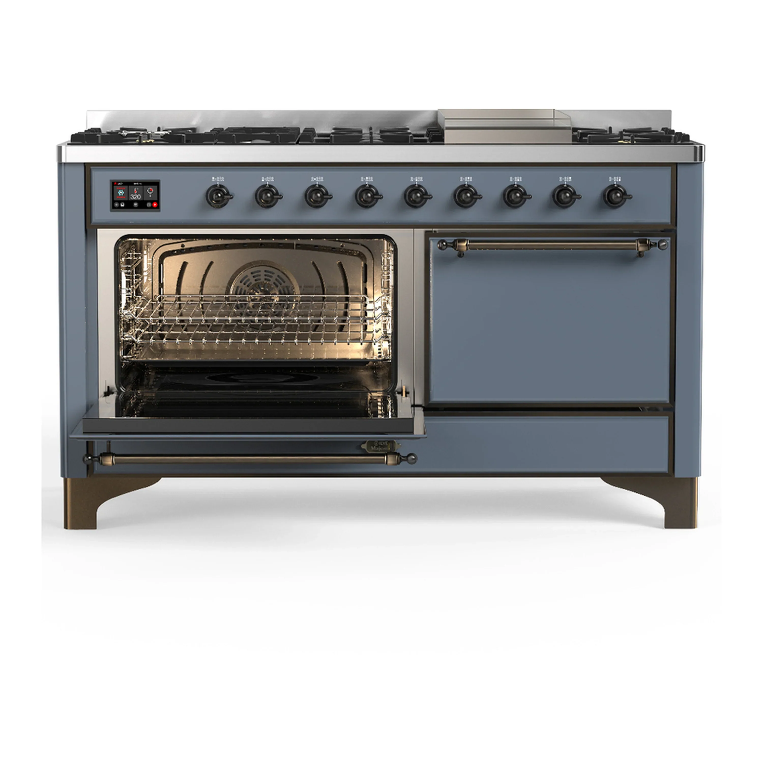 ILVE Majestic III 60-inch Dual Fuel Range with 7 Natural Gas Burner, Griddle and Solid Door Electric Oven in Blue Grey with Burnished Trim (UM60FQNR3BGB) - Image 5