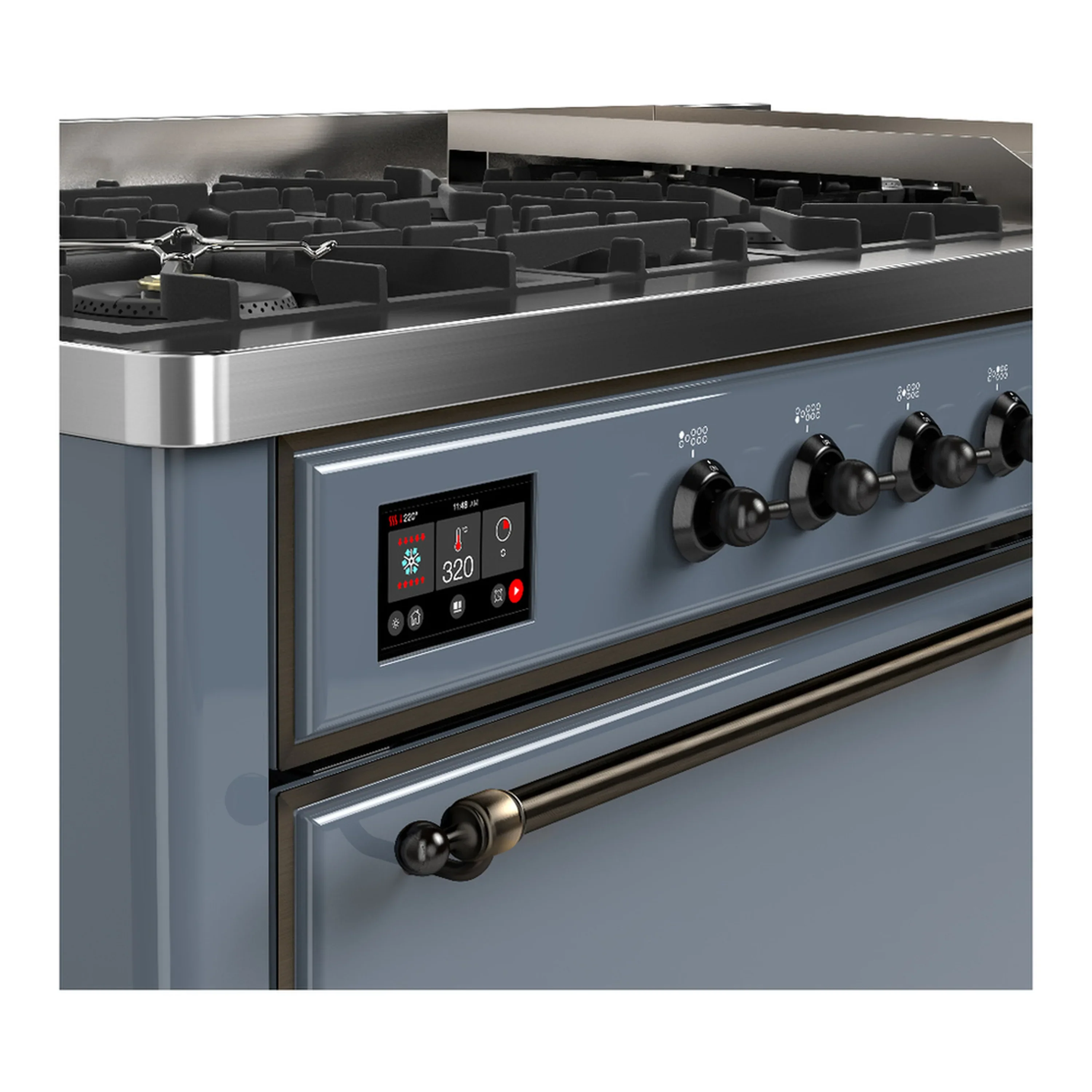 ILVE Majestic III 60-inch Dual Fuel Range with 7 Natural Gas Burner, Griddle and Solid Door Electric Oven in Blue Grey with Burnished Trim (UM60FQNR3BGB) - Image 7