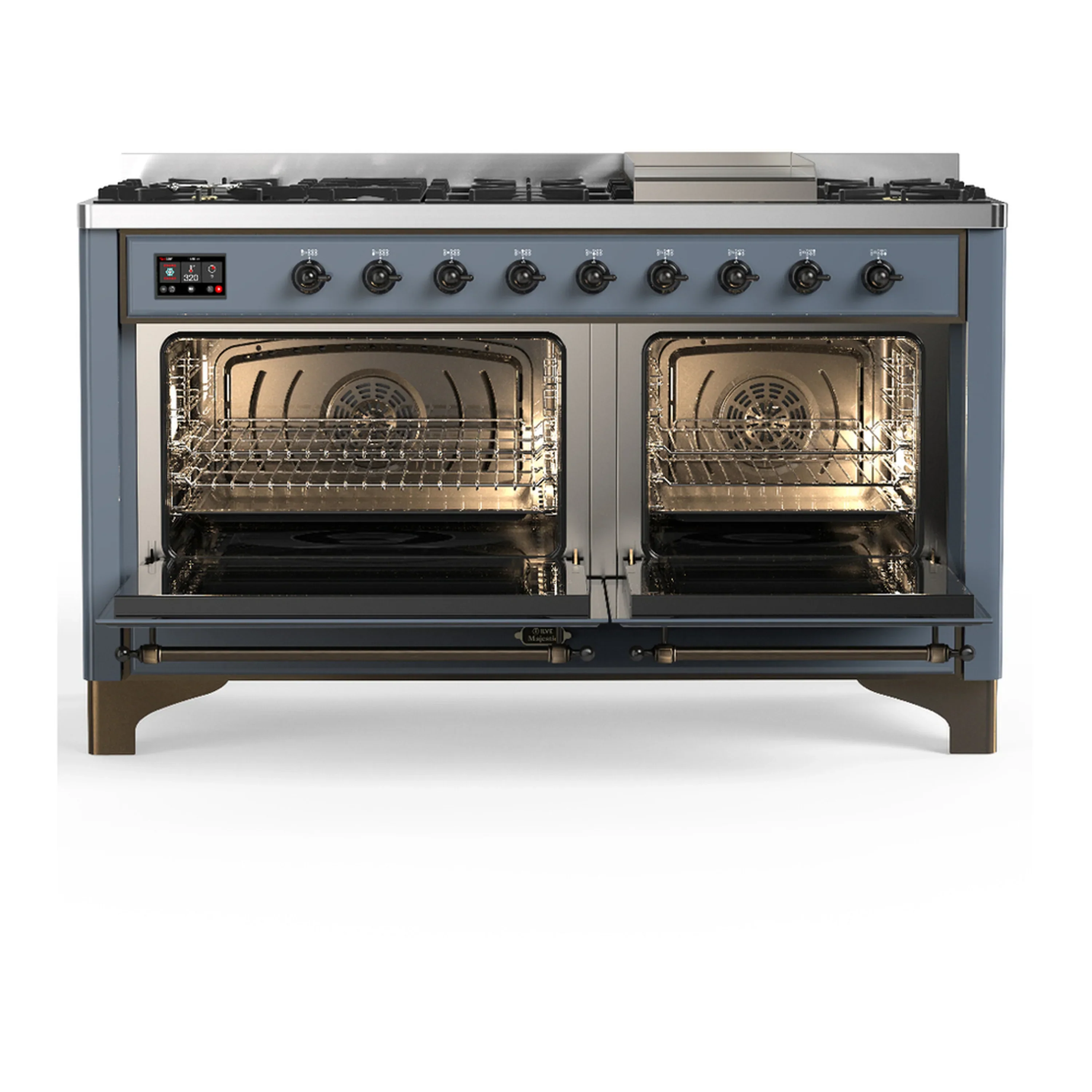 ILVE Majestic III 60-inch Dual Fuel Range with 5 Liquid Propane Burner, Griddle and Solid Door Electric Oven in Blue Grey with Burnished Trim (UM60FQNR3BGBLP) - Image 6