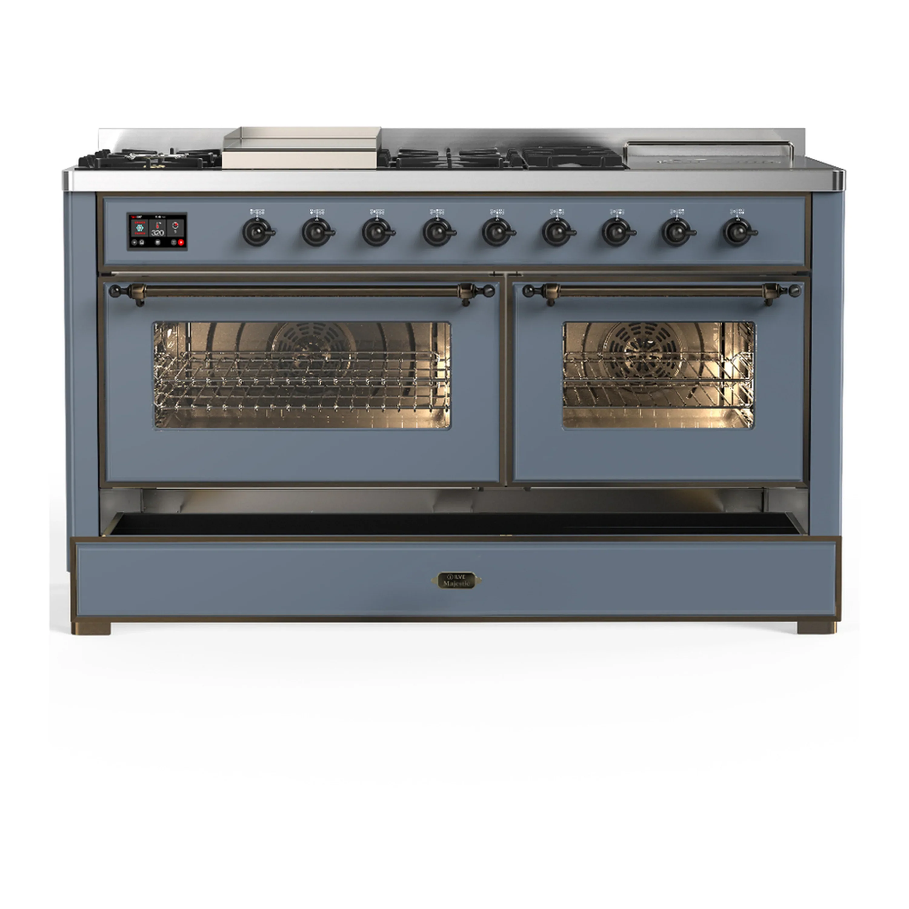 ILVE Majestic III 60-inch Dual Fuel Range with 7 Natural Gas Burner, Griddle, French Top and Triple Glass Door Electric Oven in Blue Grey with Burnished Trim (UM60FSNR3BGB) - Image 3