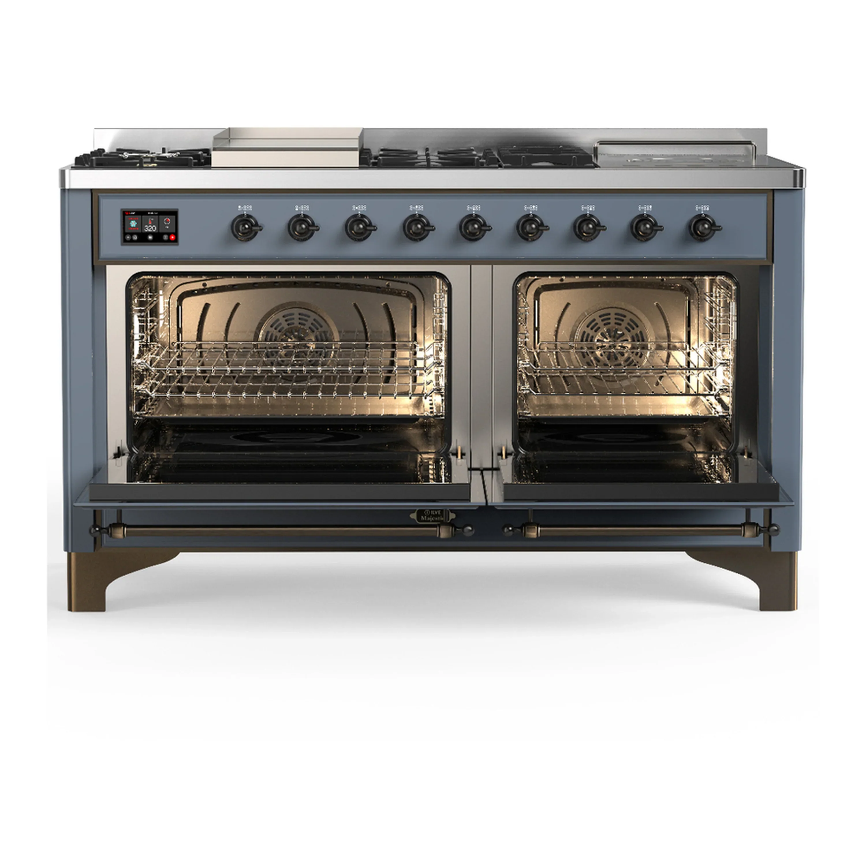 ILVE Majestic III 60-inch Dual Fuel Range with 7 Natural Gas Burner, Griddle, French Top and Triple Glass Door Electric Oven in Blue Grey with Burnished Trim (UM60FSNR3BGB) - Image 6