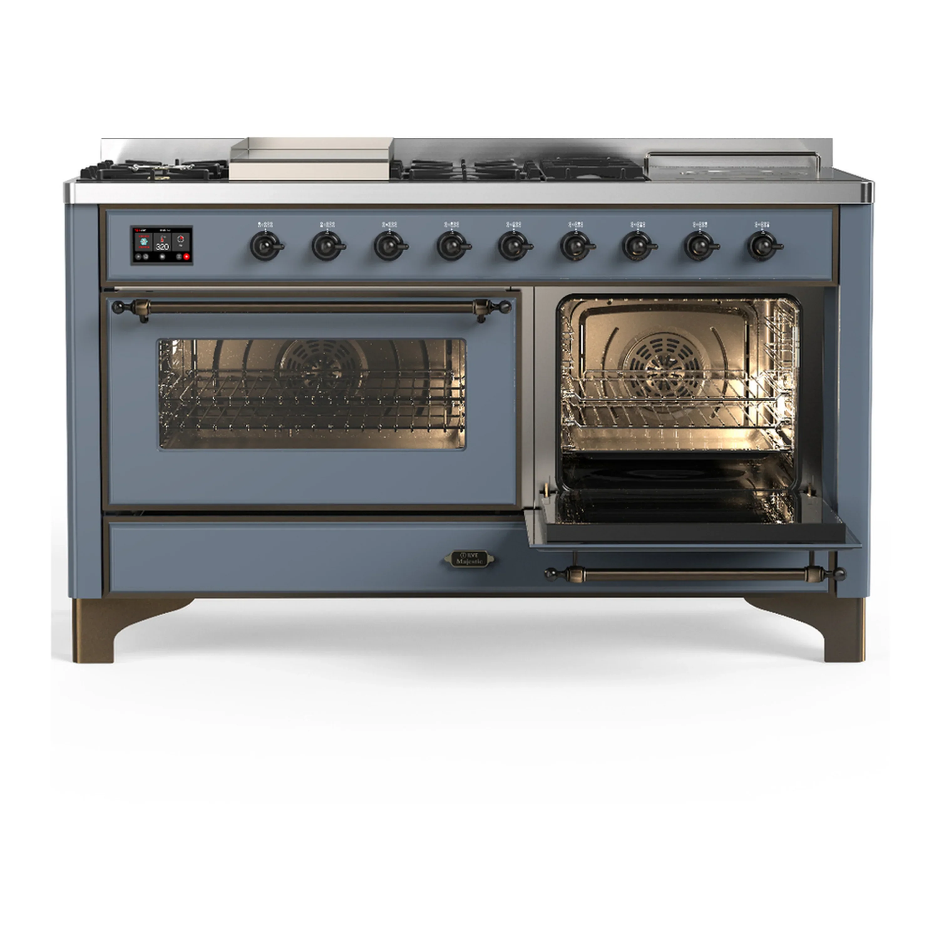 ILVE Majestic III 60-inch Dual Fuel Range with 5 Liquid Propane Burner, Griddle, French Top and Triple Glass Door Electric Oven in Blue Grey with Burnished Trim (UM60FSNR3BGBLP) - Image 4