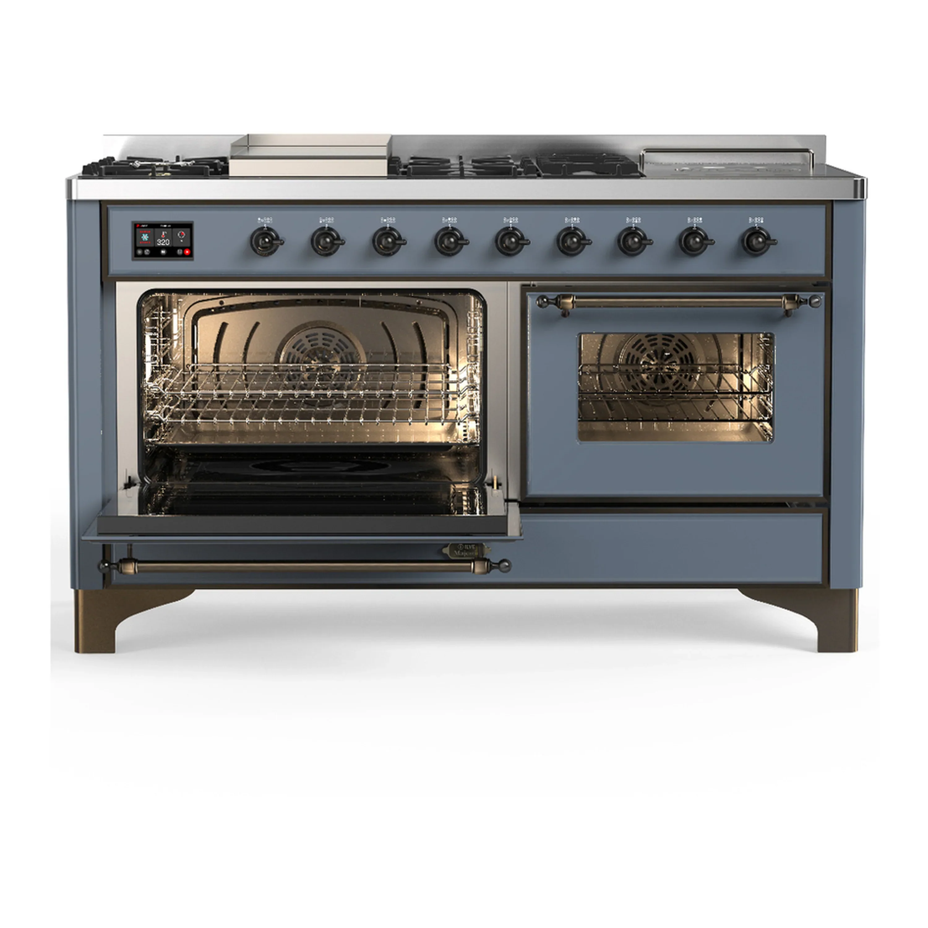 ILVE Majestic III 60-inch Dual Fuel Range with 5 Liquid Propane Burner, Griddle, French Top and Triple Glass Door Electric Oven in Blue Grey with Burnished Trim (UM60FSNR3BGBLP) - Image 5