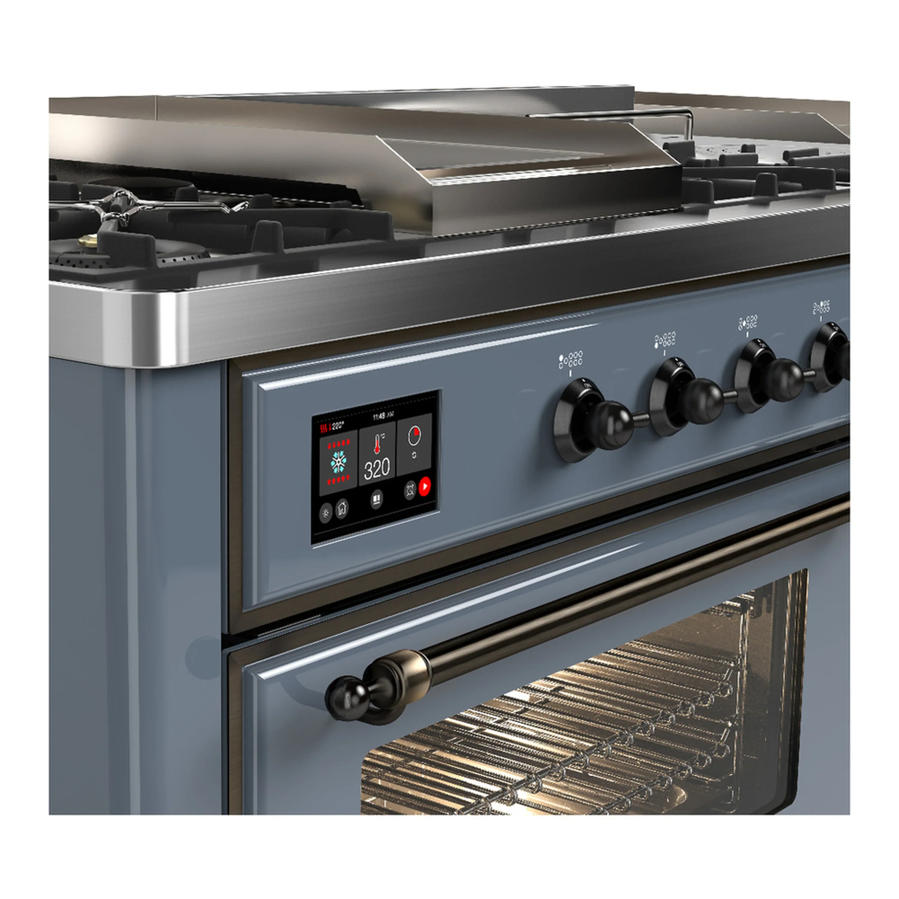 ILVE Majestic III 60-inch Dual Fuel Range with 5 Liquid Propane Burner, Griddle, French Top and Triple Glass Door Electric Oven in Blue Grey with Burnished Trim (UM60FSNR3BGBLP) - Image 7