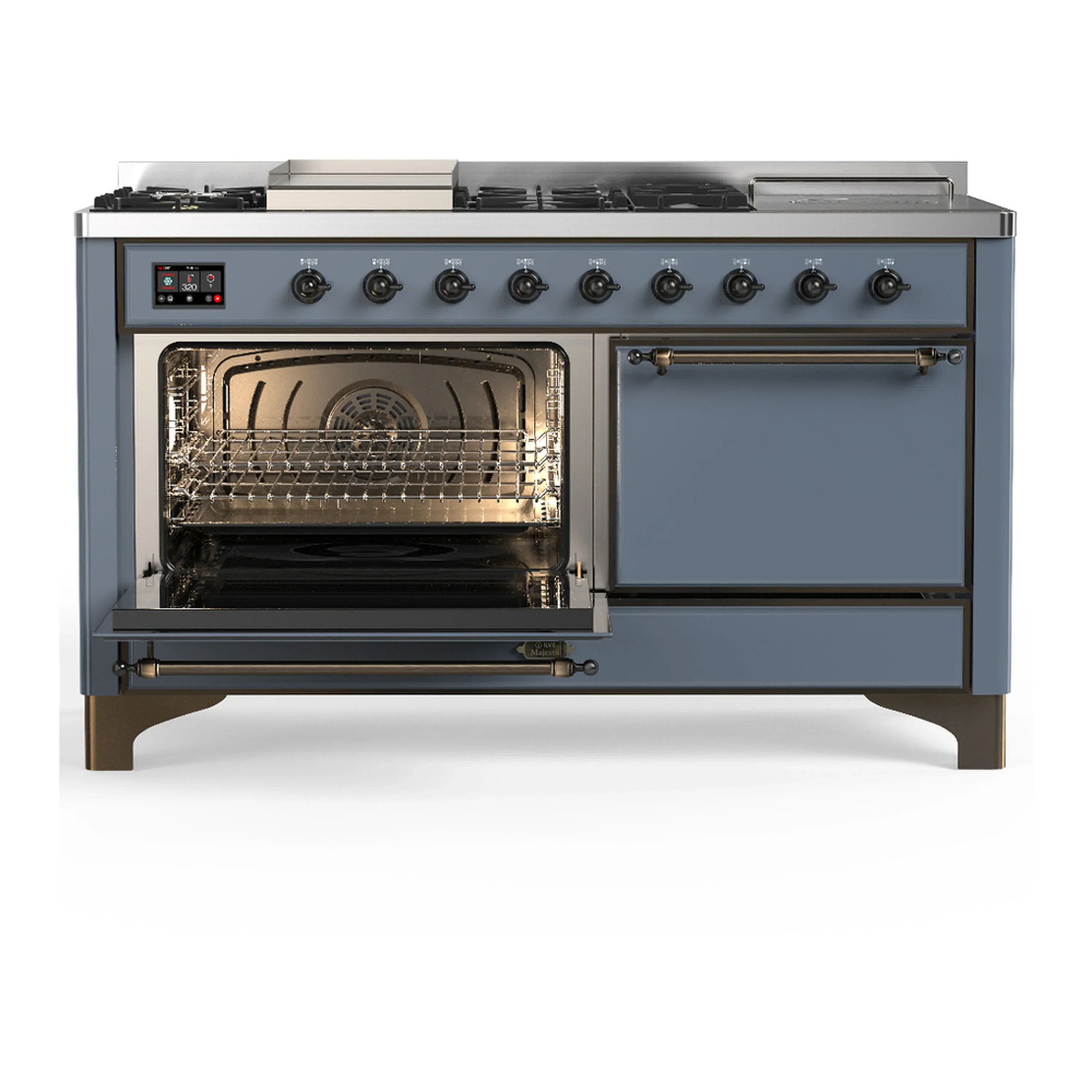 ILVE Majestic III 60-inch Dual Fuel Range with 7 Natural Gas Burner, Griddle, French Top and Solid Door Electric Oven in Blue Grey with Burnished Trim (UM60FSQNR3BGB) - Image 5