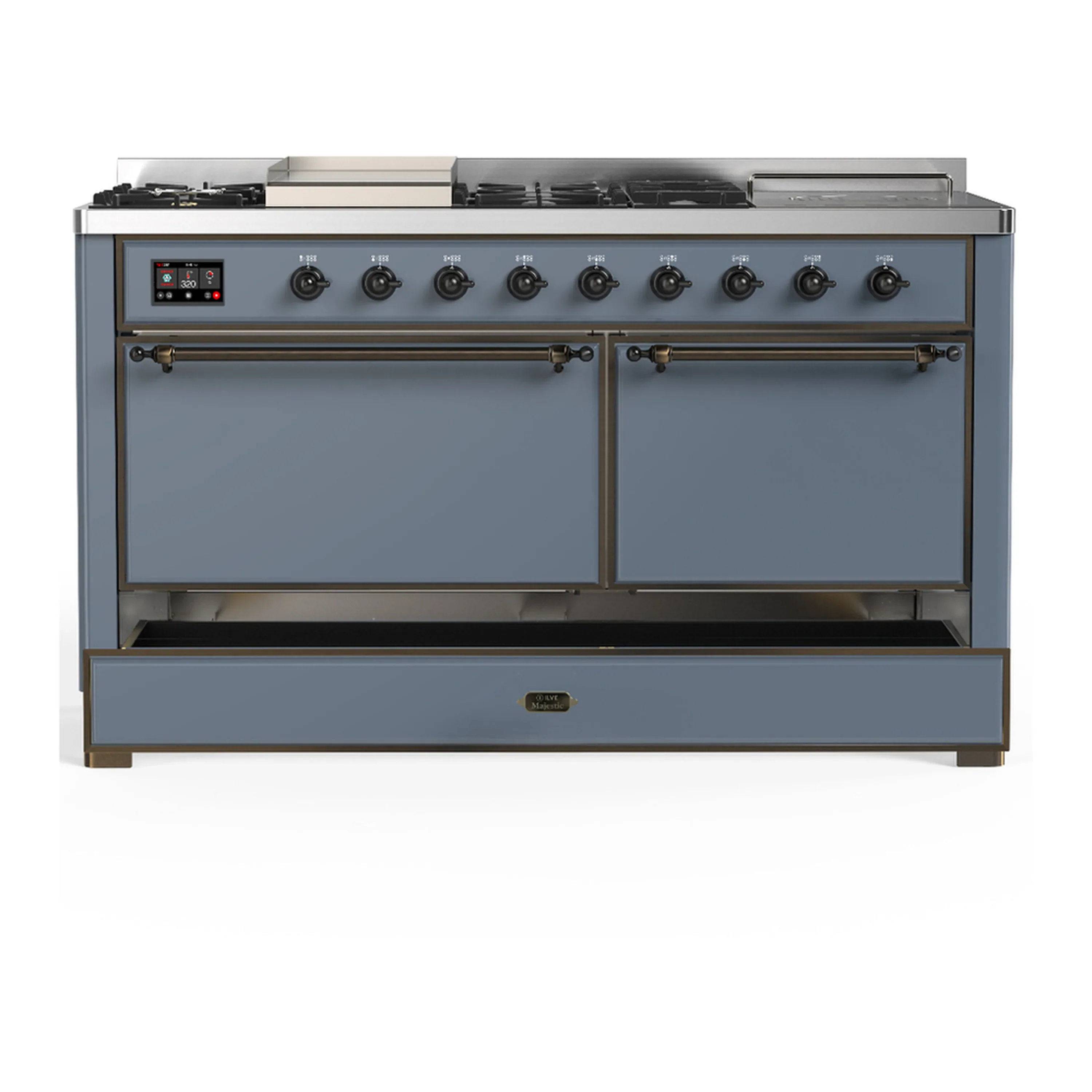 ILVE Majestic III 60-inch Dual Fuel Range with 5 Liquid Propane Burner, Griddle, French Top and Solid Door Electric Oven in Blue Grey with Burnished Trim (UM60FSQNR3BGBLP) - Image 3