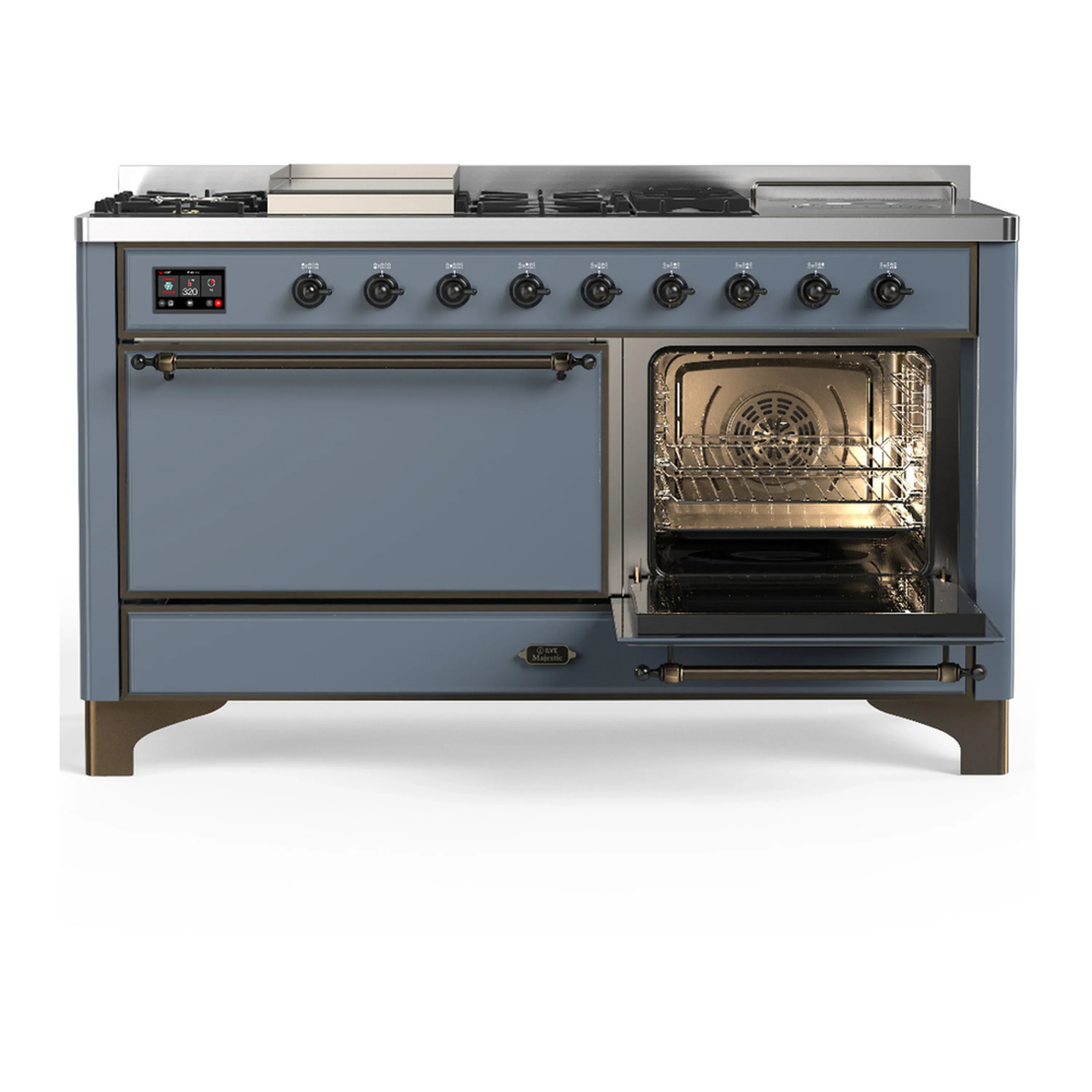 ILVE Majestic III 60-inch Dual Fuel Range with 5 Liquid Propane Burner, Griddle, French Top and Solid Door Electric Oven in Blue Grey with Burnished Trim (UM60FSQNR3BGBLP) - Image 4