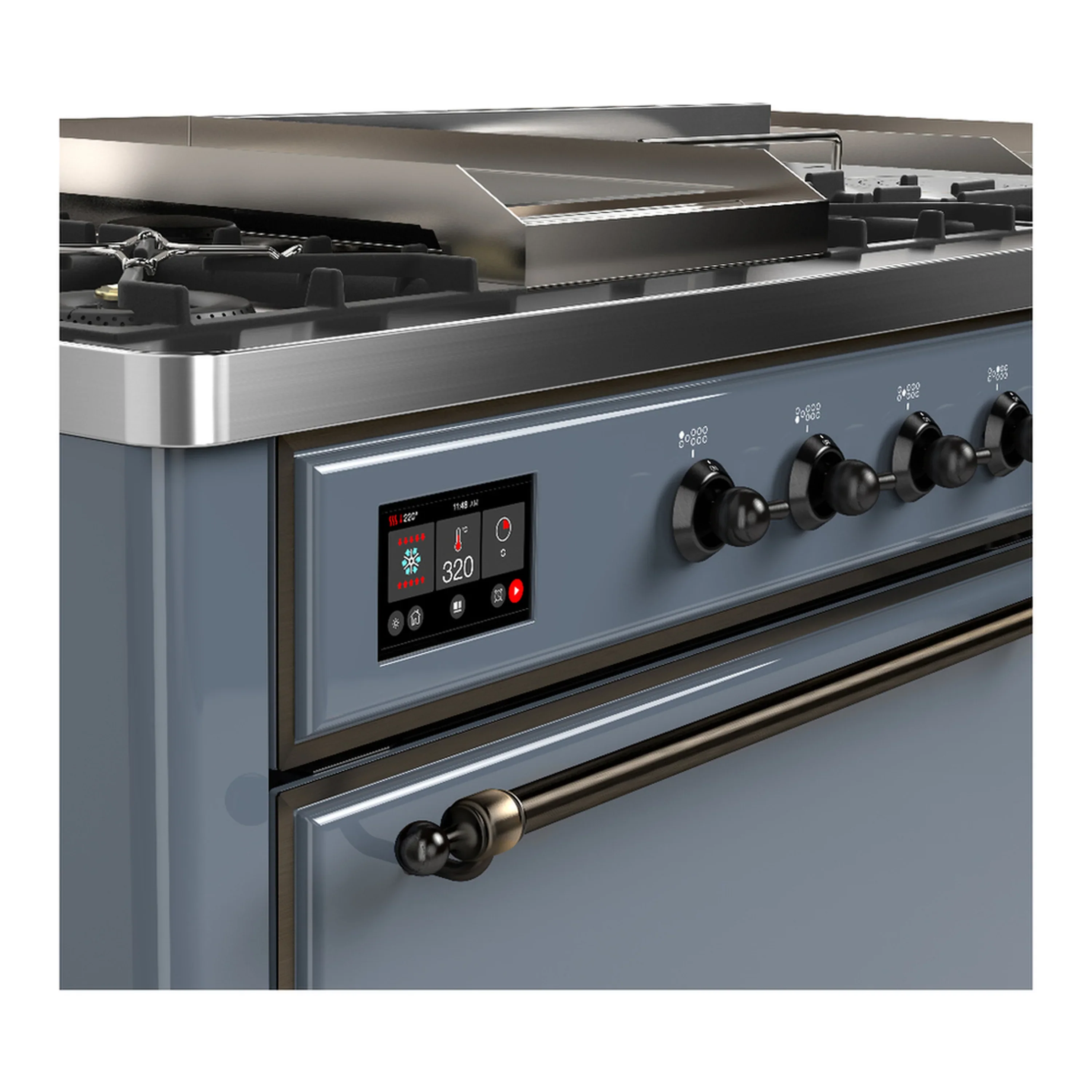 ILVE Majestic III 60-inch Dual Fuel Range with 5 Liquid Propane Burner, Griddle, French Top and Solid Door Electric Oven in Blue Grey with Burnished Trim (UM60FSQNR3BGBLP) - Image 7