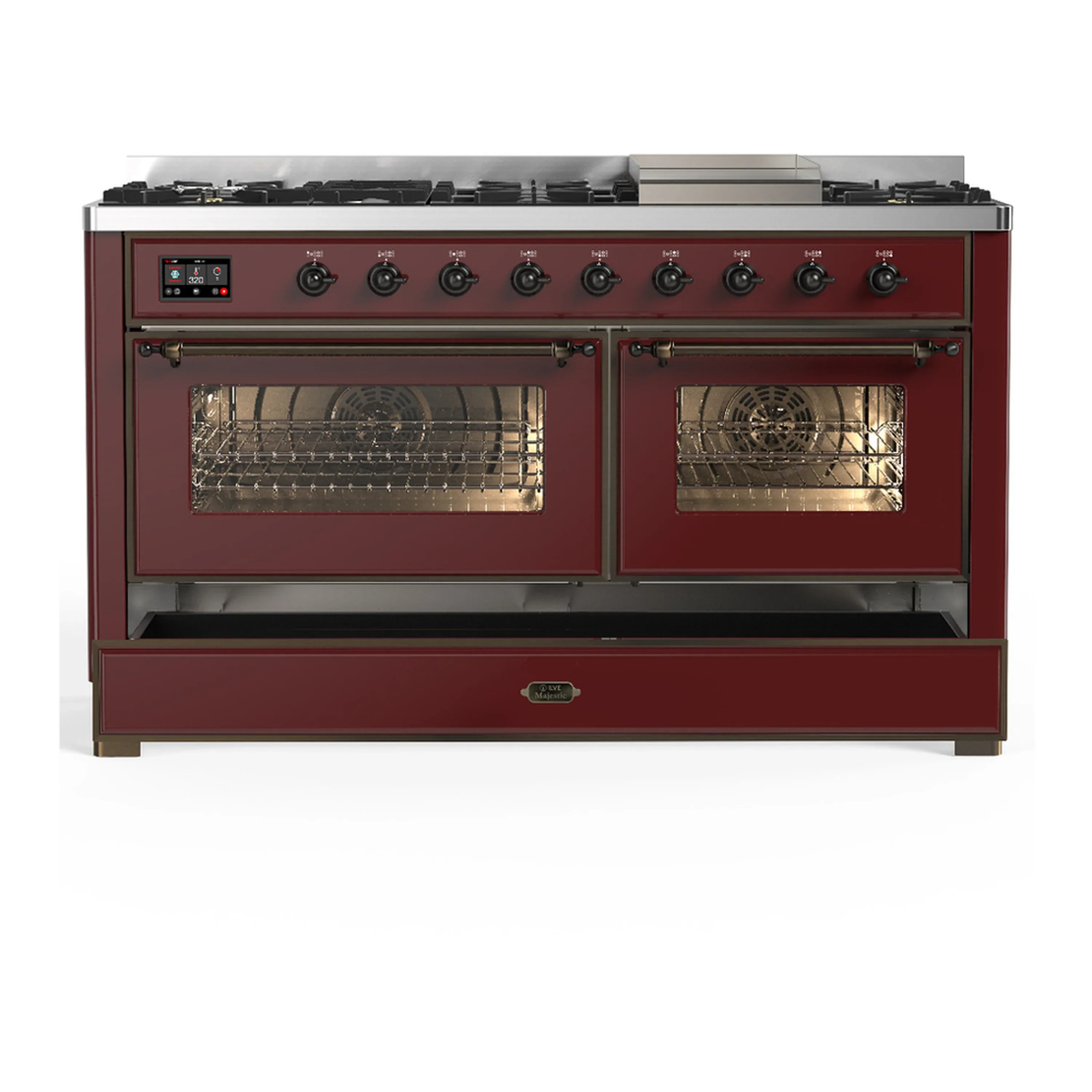 ILVE Majestic III 60-inch Dual Fuel Range with 7 Natural Gas Burner, Griddle and Triple Glass Door Electric Oven in Burgundy with Burnished Trim (UM60FNR3BUB) - Image 3