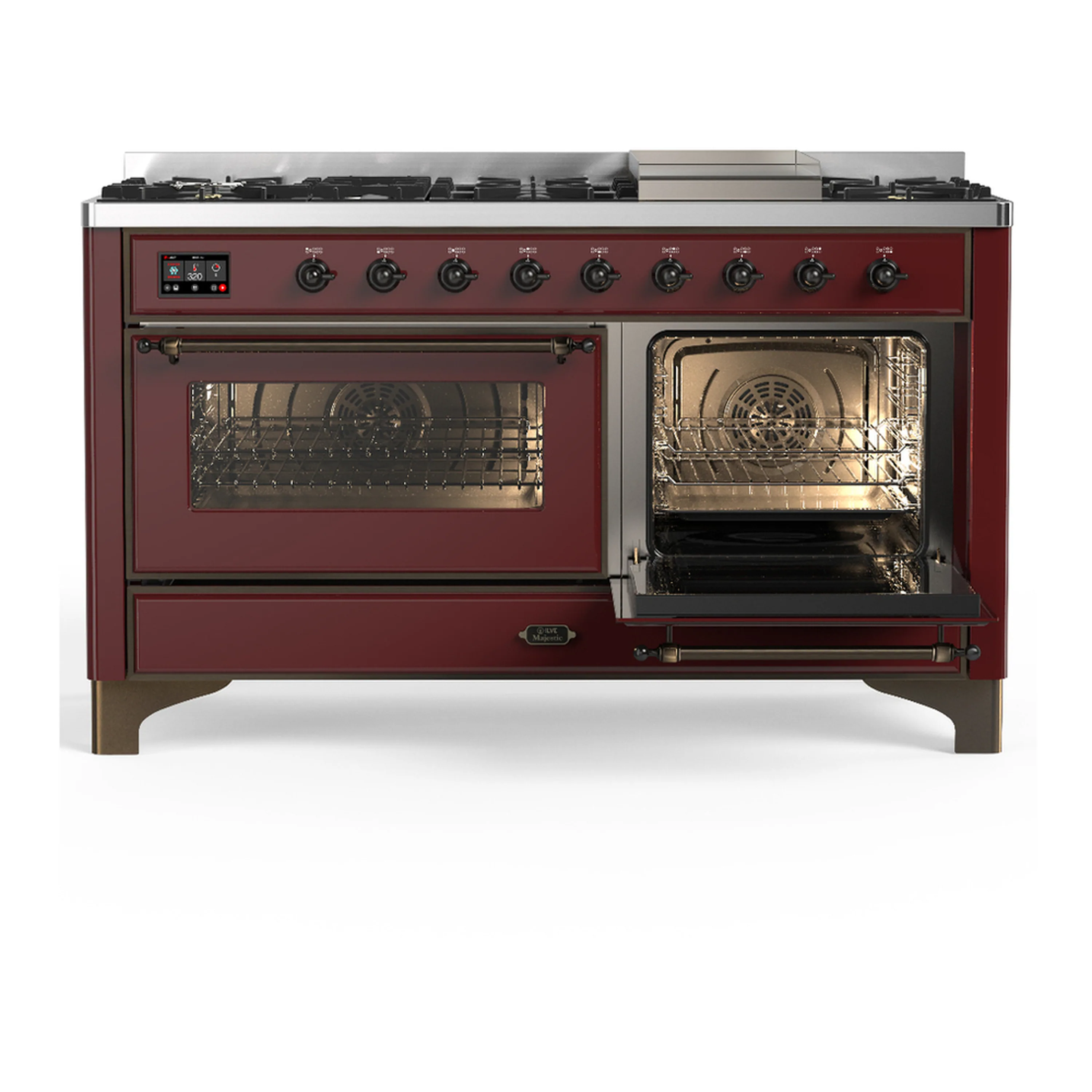 ILVE Majestic III 60-inch Dual Fuel Range with 7 Natural Gas Burner, Griddle and Triple Glass Door Electric Oven in Burgundy with Burnished Trim (UM60FNR3BUB) - Image 4