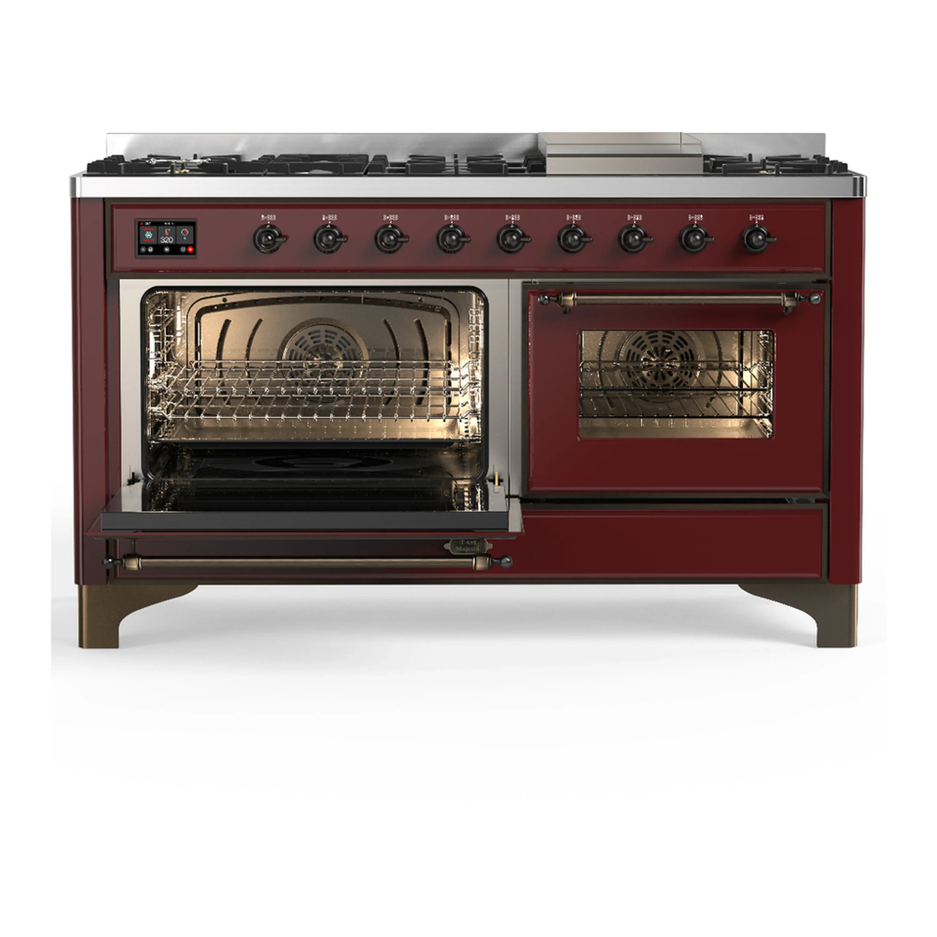 ILVE Majestic III 60-inch Dual Fuel Range with 7 Natural Gas Burner, Griddle and Triple Glass Door Electric Oven in Burgundy with Burnished Trim (UM60FNR3BUB) - Image 5