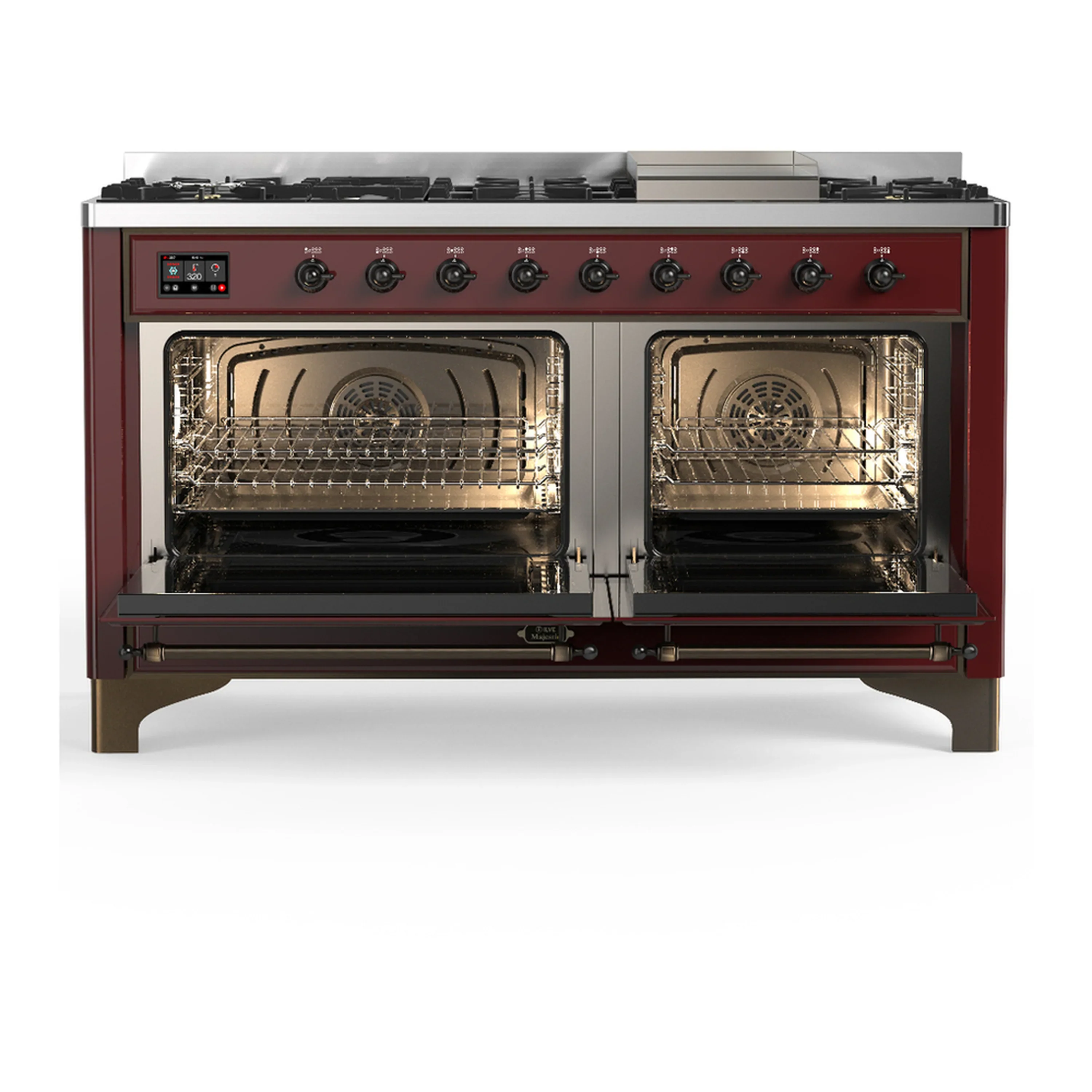 ILVE Majestic III 60-inch Dual Fuel Range with 7 Natural Gas Burner, Griddle and Triple Glass Door Electric Oven in Burgundy with Burnished Trim (UM60FNR3BUB) - Image 6