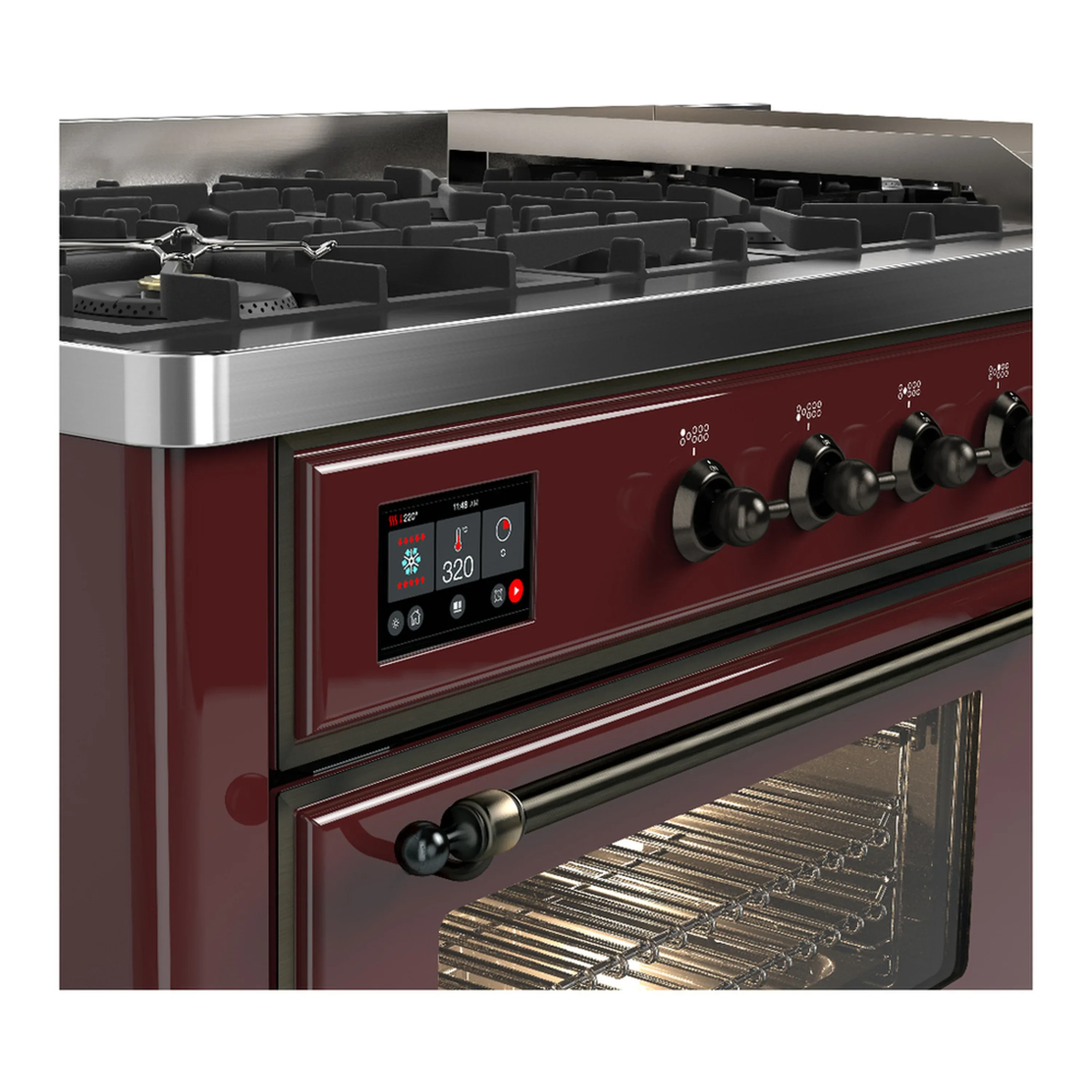 ILVE Majestic III 60-inch Dual Fuel Range with 7 Natural Gas Burner, Griddle and Triple Glass Door Electric Oven in Burgundy with Burnished Trim (UM60FNR3BUB) - Image 7