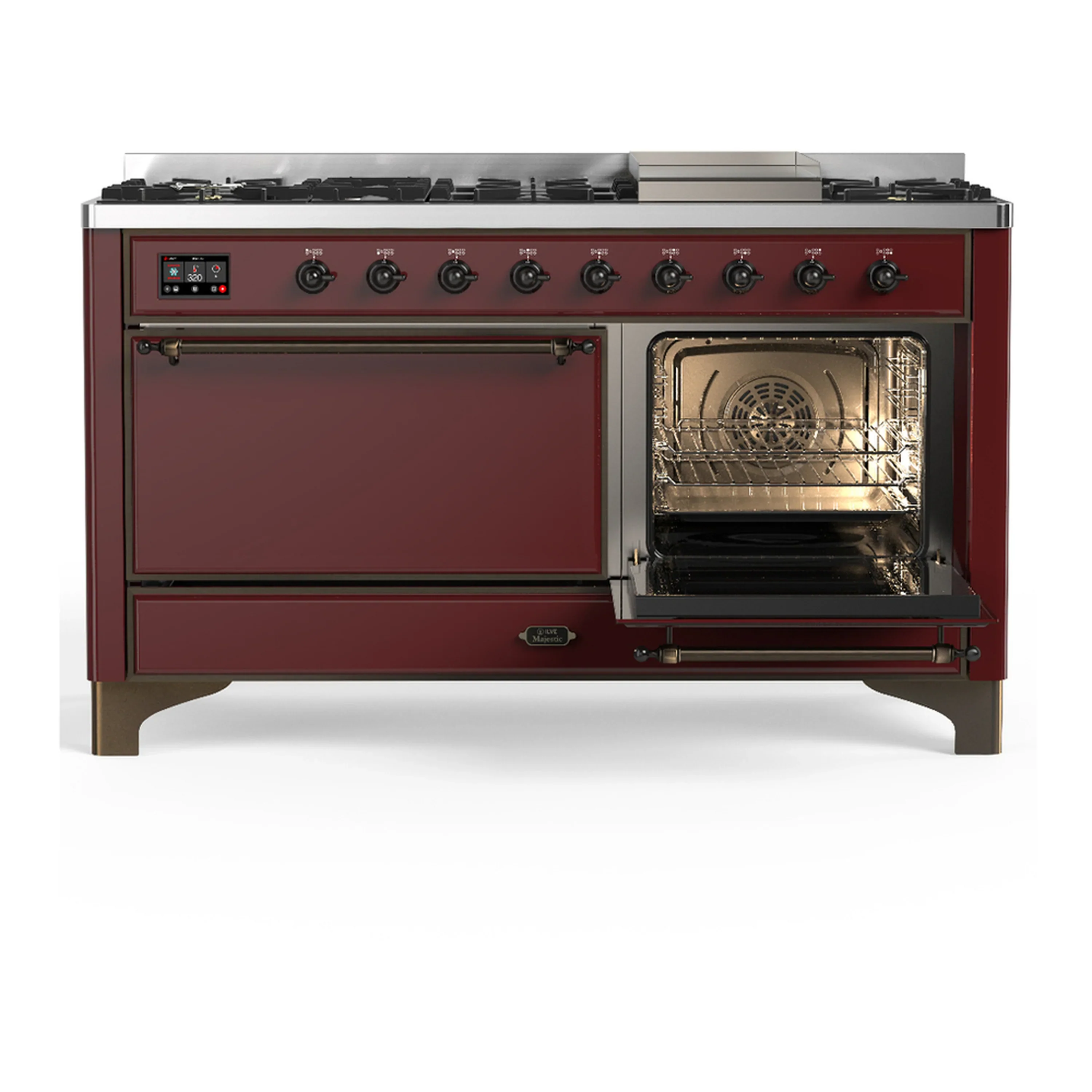 ILVE Majestic III 60-inch Dual Fuel Range with 7 Natural Gas Burner, Griddle and Solid Door Electric Oven in Burgundy with Burnished Trim (UM60FQNR3BUB) - Image 4