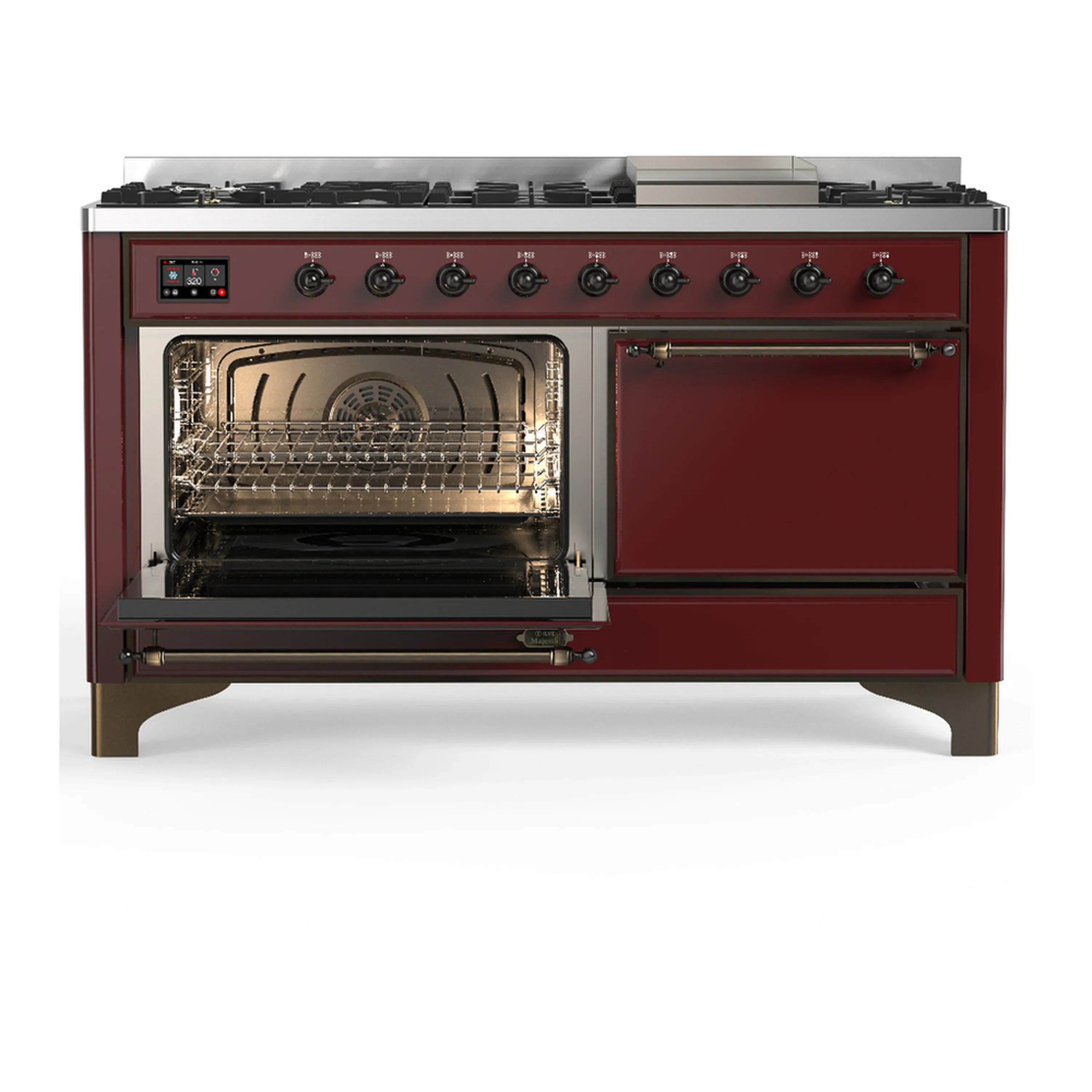 ILVE Majestic III 60-inch Dual Fuel Range with 7 Natural Gas Burner, Griddle and Solid Door Electric Oven in Burgundy with Burnished Trim (UM60FQNR3BUB) - Image 5