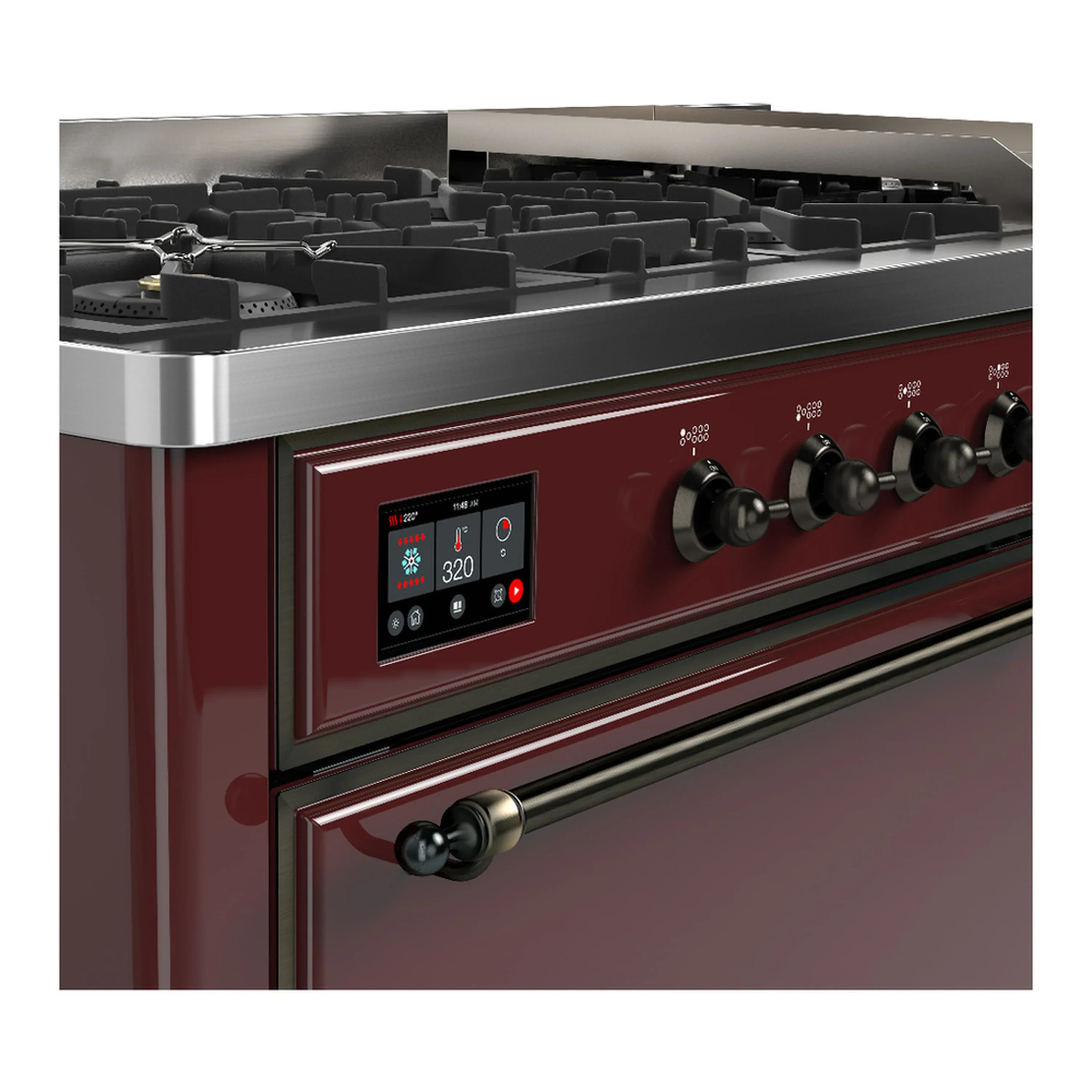 ILVE Majestic III 60-inch Dual Fuel Range with 7 Natural Gas Burner, Griddle and Solid Door Electric Oven in Burgundy with Burnished Trim (UM60FQNR3BUB) - Image 7