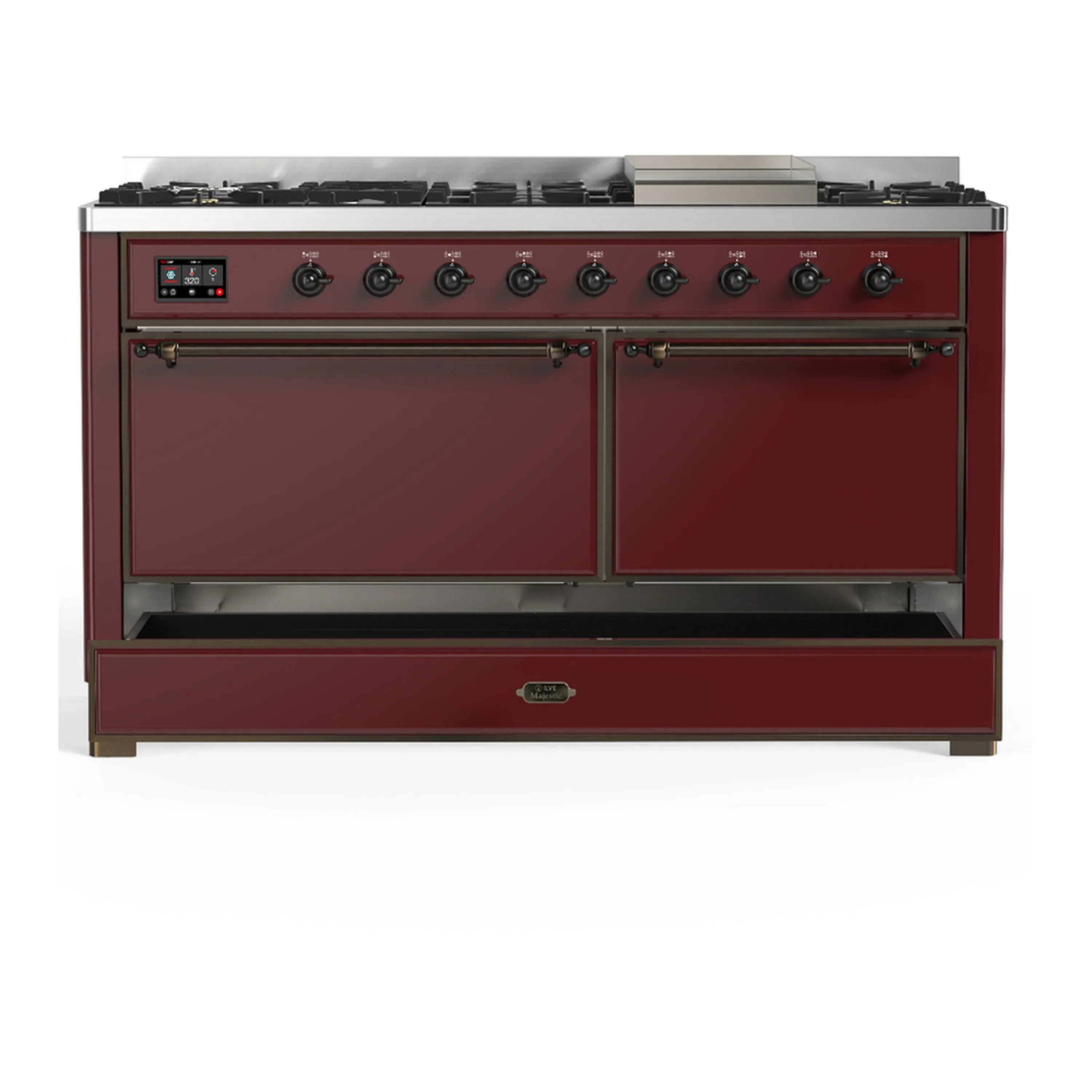 ILVE Majestic III 60-inch Dual Fuel Range with 5 Liquid Propane Burner, Griddle and Solid Door Electric Oven in Burgundy with Burnished Trim (UM60FQNR3BUBLP) - Image 3