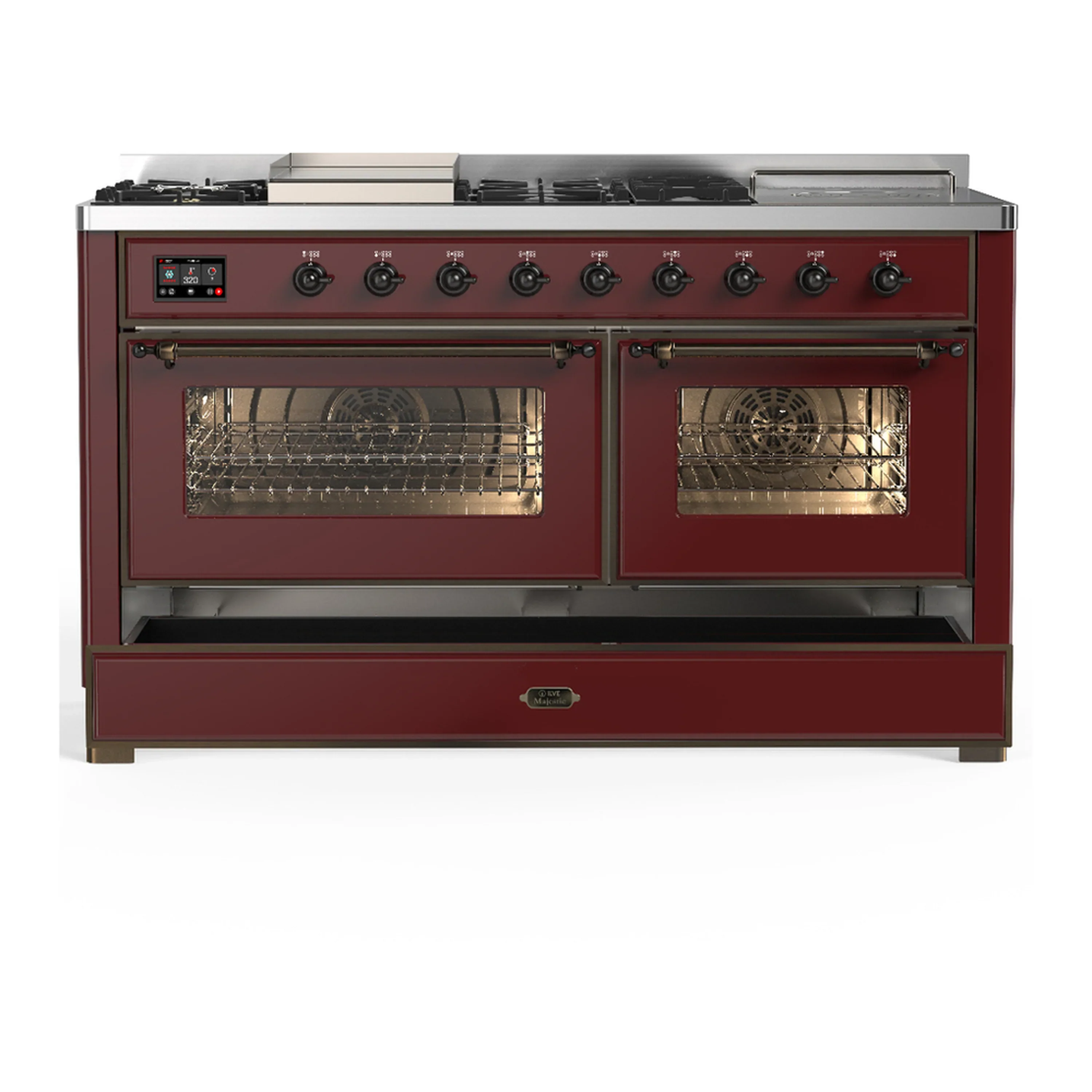 ILVE Majestic III 60-inch Dual Fuel Range with 7 Natural Gas Burner, Griddle, French Top and Triple Glass Door Electric Oven in Burgundy with Burnished Trim (UM60FSNR3BUB) - Image 3