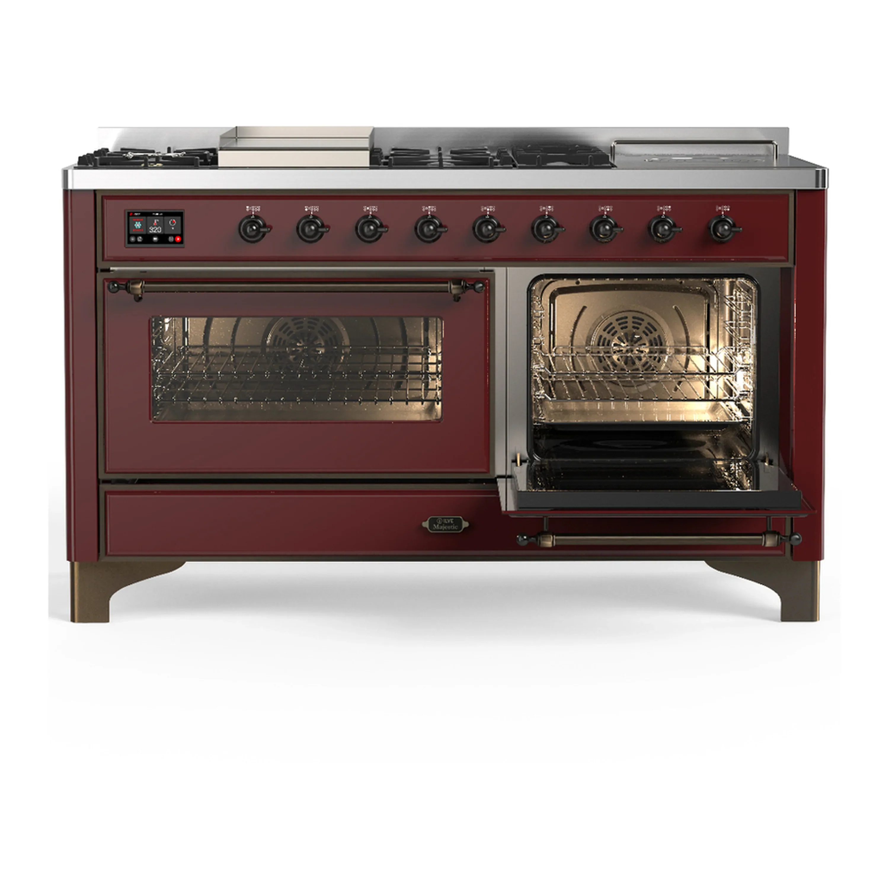 ILVE Majestic III 60-inch Dual Fuel Range with 7 Natural Gas Burner, Griddle, French Top and Triple Glass Door Electric Oven in Burgundy with Burnished Trim (UM60FSNR3BUB) - Image 4