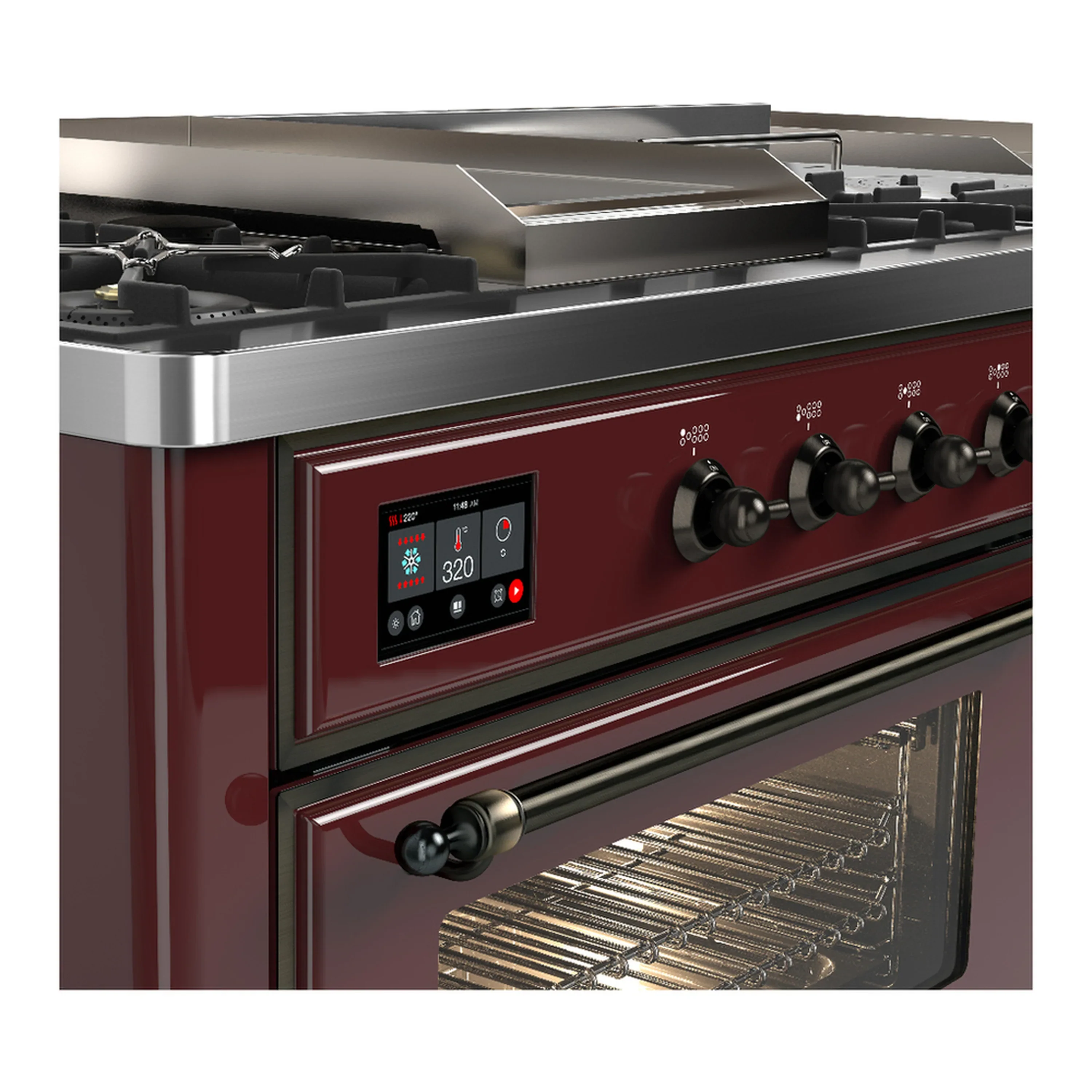 ILVE Majestic III 60-inch Dual Fuel Range with 7 Natural Gas Burner, Griddle, French Top and Triple Glass Door Electric Oven in Burgundy with Burnished Trim (UM60FSNR3BUB) - Image 7