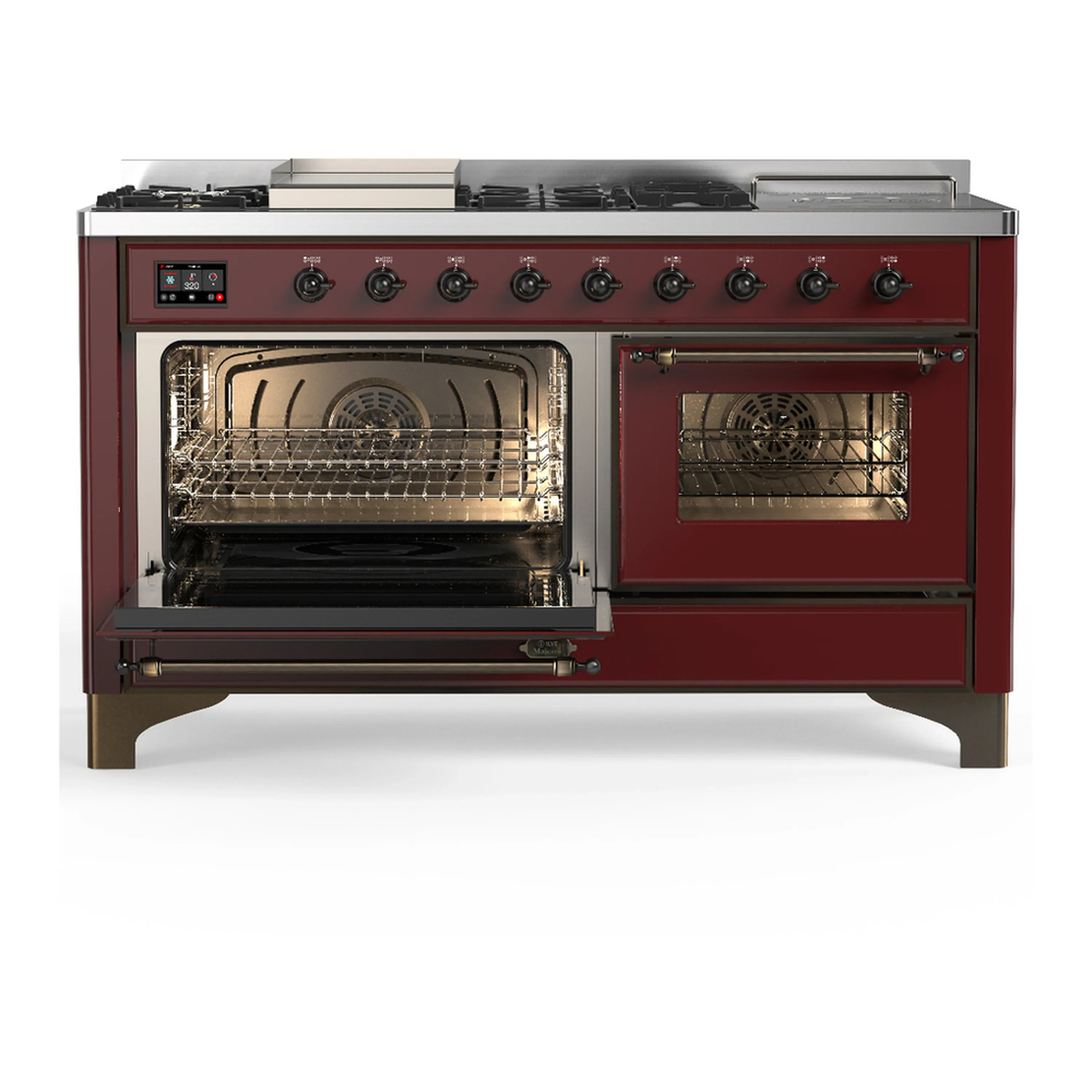 ILVE Majestic III 60-inch Dual Fuel Range with 5 Liquid Propane Burner, Griddle, French Top and Triple Glass Door Electric Oven in Burgundy with Burnished Trim (UM60FSNR3BUBLP) - Image 5