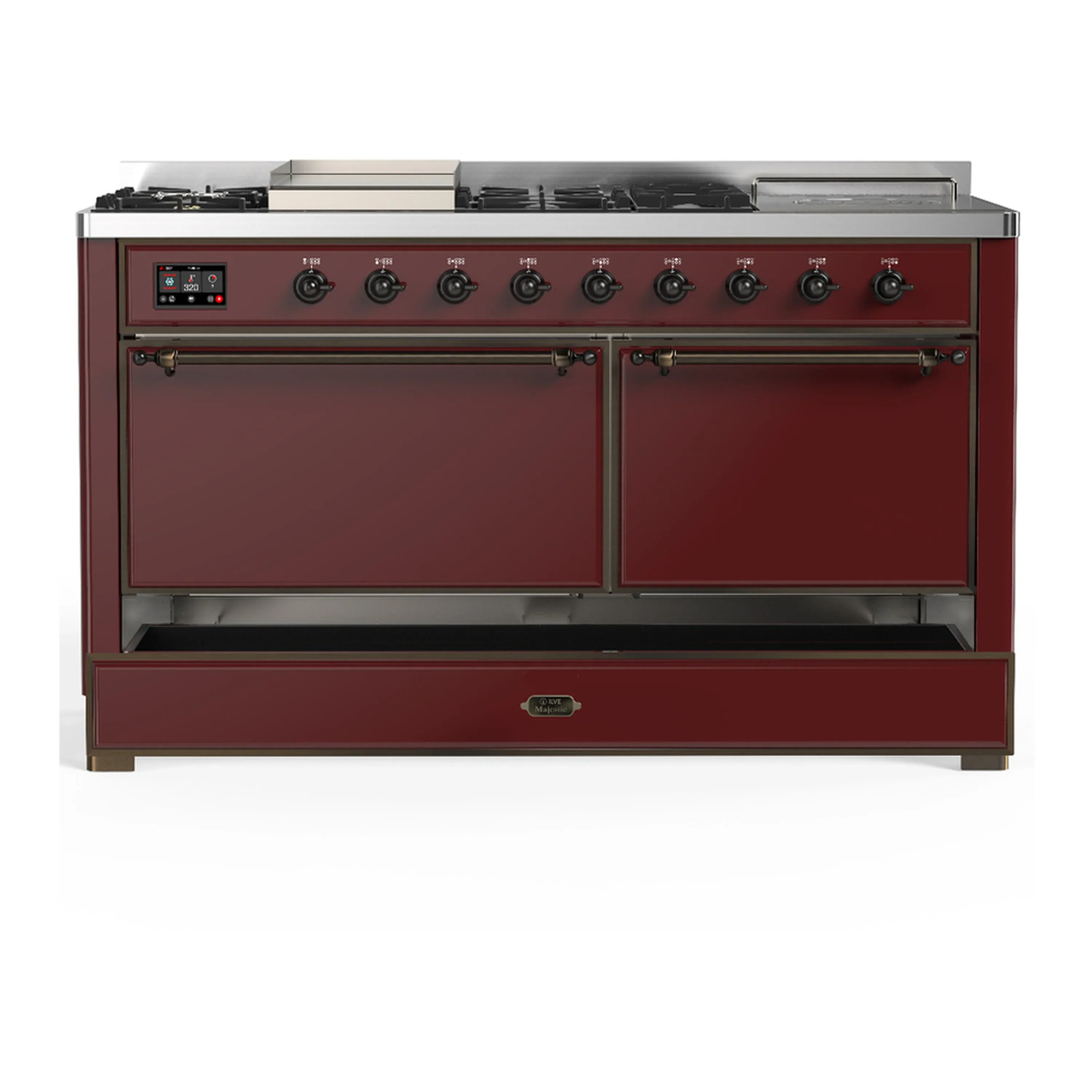 ILVE Majestic III 60-inch Dual Fuel Range with 7 Natural Gas Burner, Griddle, French Top and Solid Door Electric Oven in Burgundy with Burnished Trim (UM60FSQNR3BUB) - Image 3