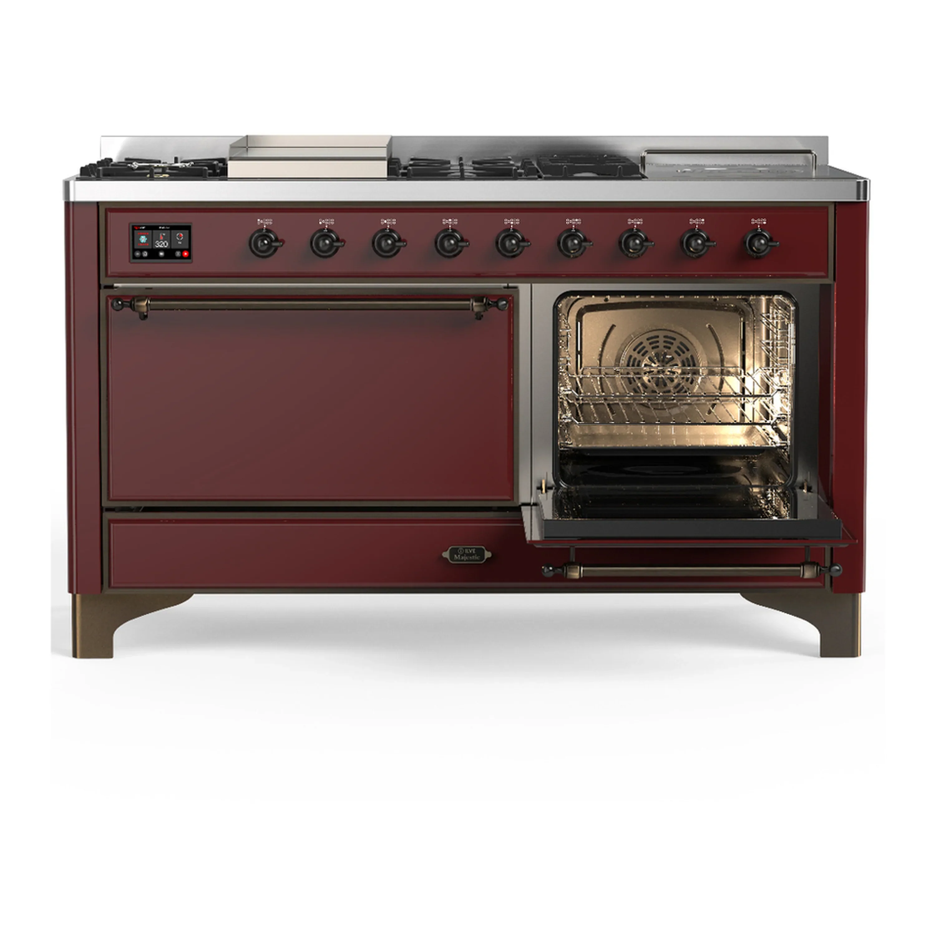 ILVE Majestic III 60-inch Dual Fuel Range with 5 Liquid Propane Burner, Griddle, French Top and Solid Door Electric Oven in Burgundy with Burnished Trim (UM60FSQNR3BUBLP) - Image 4