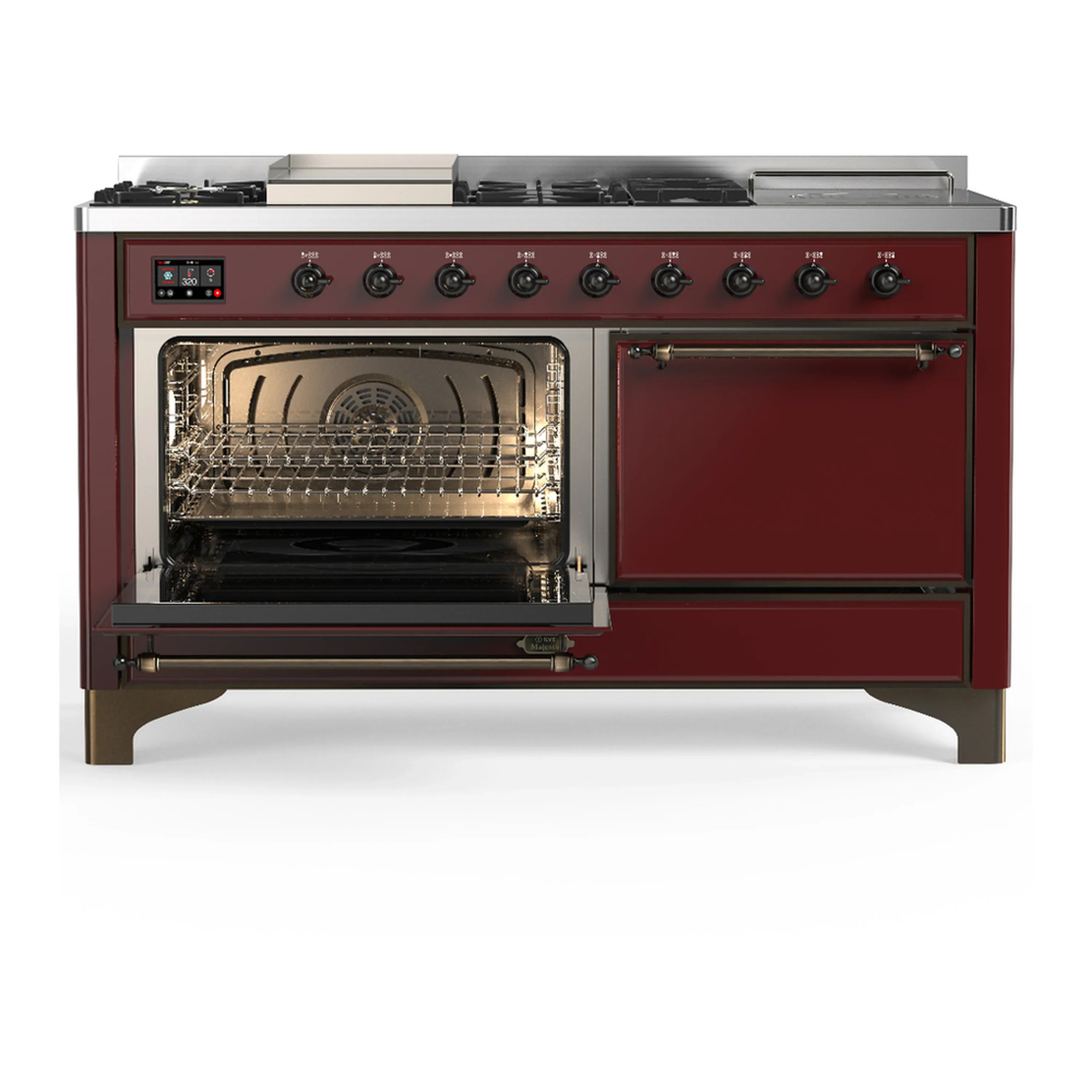 ILVE Majestic III 60-inch Dual Fuel Range with 5 Liquid Propane Burner, Griddle, French Top and Solid Door Electric Oven in Burgundy with Burnished Trim (UM60FSQNR3BUBLP) - Image 5