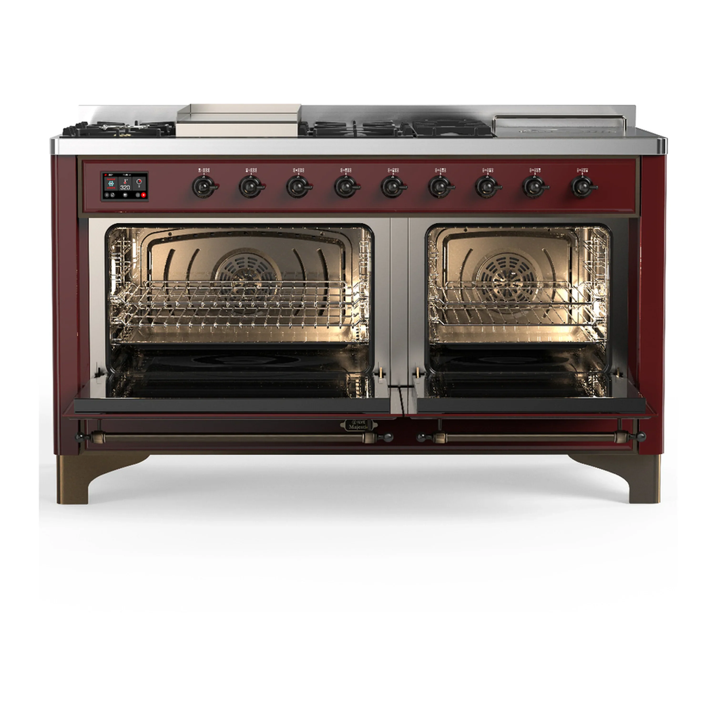 ILVE Majestic III 60-inch Dual Fuel Range with 5 Liquid Propane Burner, Griddle, French Top and Solid Door Electric Oven in Burgundy with Burnished Trim (UM60FSQNR3BUBLP) - Image 6