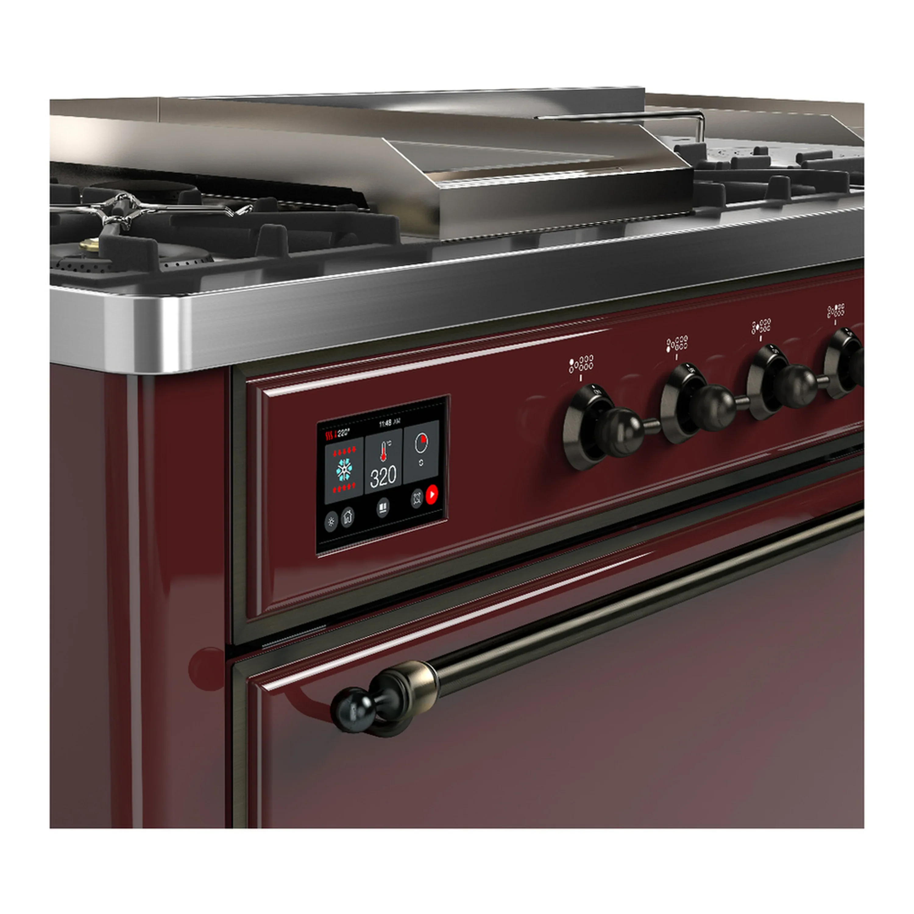 ILVE Majestic III 60-inch Dual Fuel Range with 5 Liquid Propane Burner, Griddle, French Top and Solid Door Electric Oven in Burgundy with Burnished Trim (UM60FSQNR3BUBLP) - Image 7