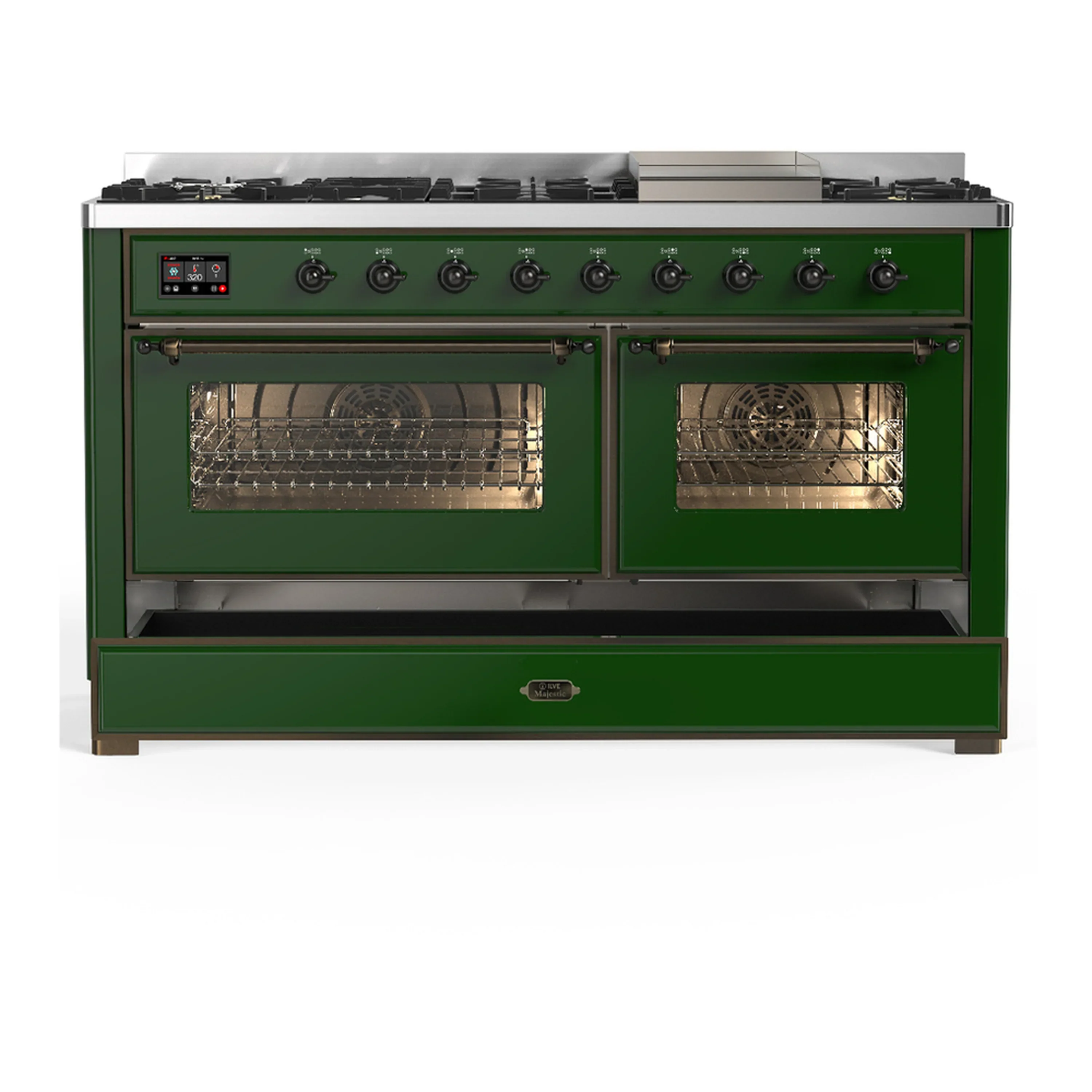 ILVE Majestic III 60-inch Dual Fuel Range with 7 Natural Gas Burner, Griddle and Triple Glass Door Electric Oven in Emerald Green with Burnished Trim (UM60FNR3EGB) - Image 3