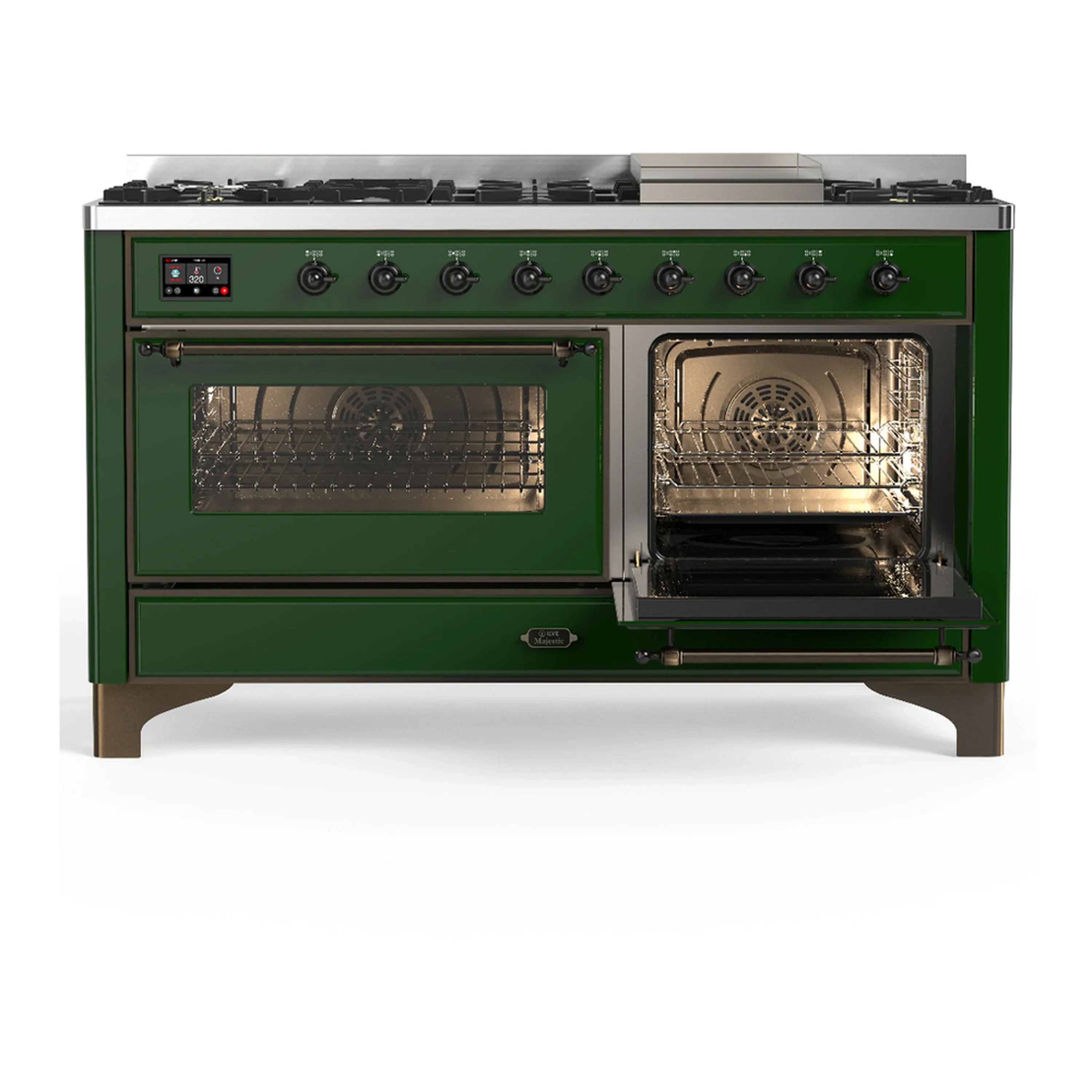 ILVE Majestic III 60-inch Dual Fuel Range with 7 Natural Gas Burner, Griddle and Triple Glass Door Electric Oven in Emerald Green with Burnished Trim (UM60FNR3EGB) - Image 4