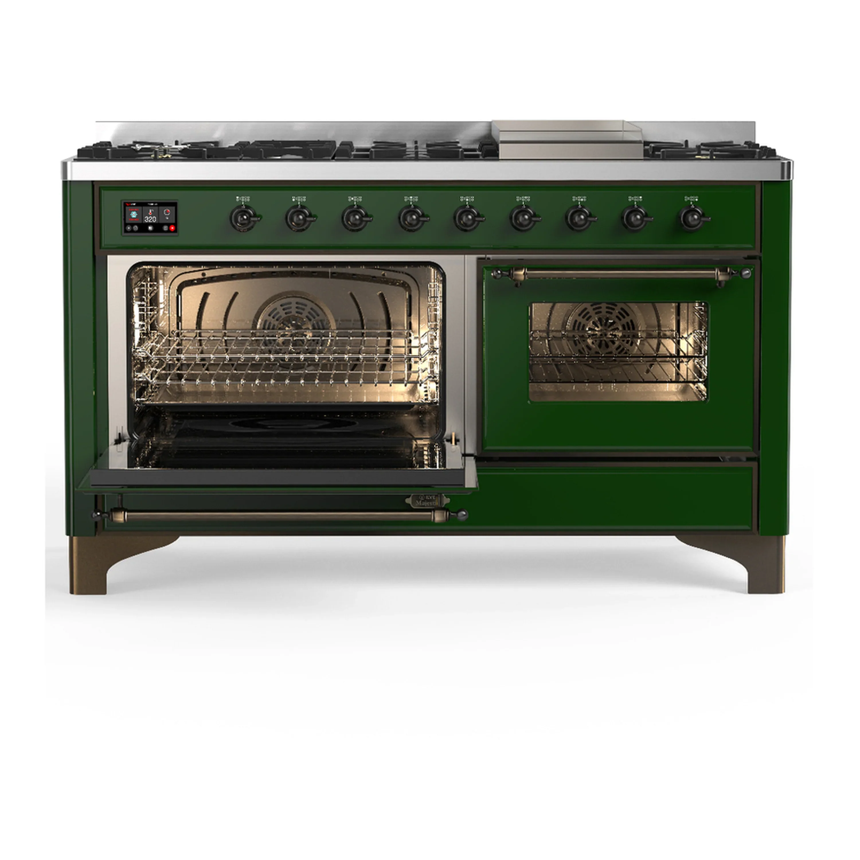 ILVE Majestic III 60-inch Dual Fuel Range with 5 Liquid Propane Burner, Griddle and Triple Glass Door Electric Oven in Emerald Green with Burnished Trim (UM60FNR3EGBLP) - Image 5