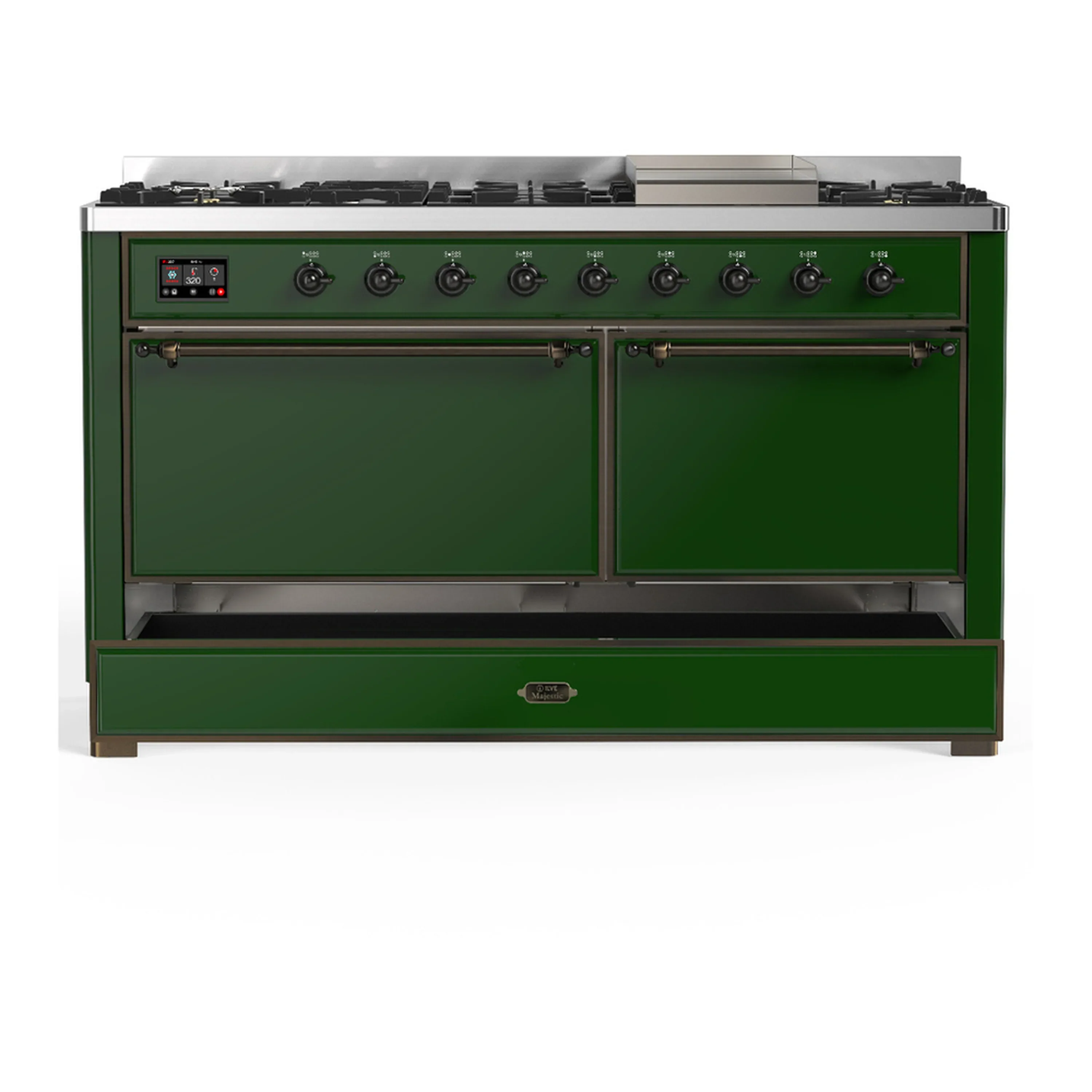ILVE Majestic III 60-inch Dual Fuel Range with 7 Natural Gas Burner, Griddle and Solid Door Electric Oven in Emerald Green with Burnished Trim (UM60FQNR3EGB) - Image 3
