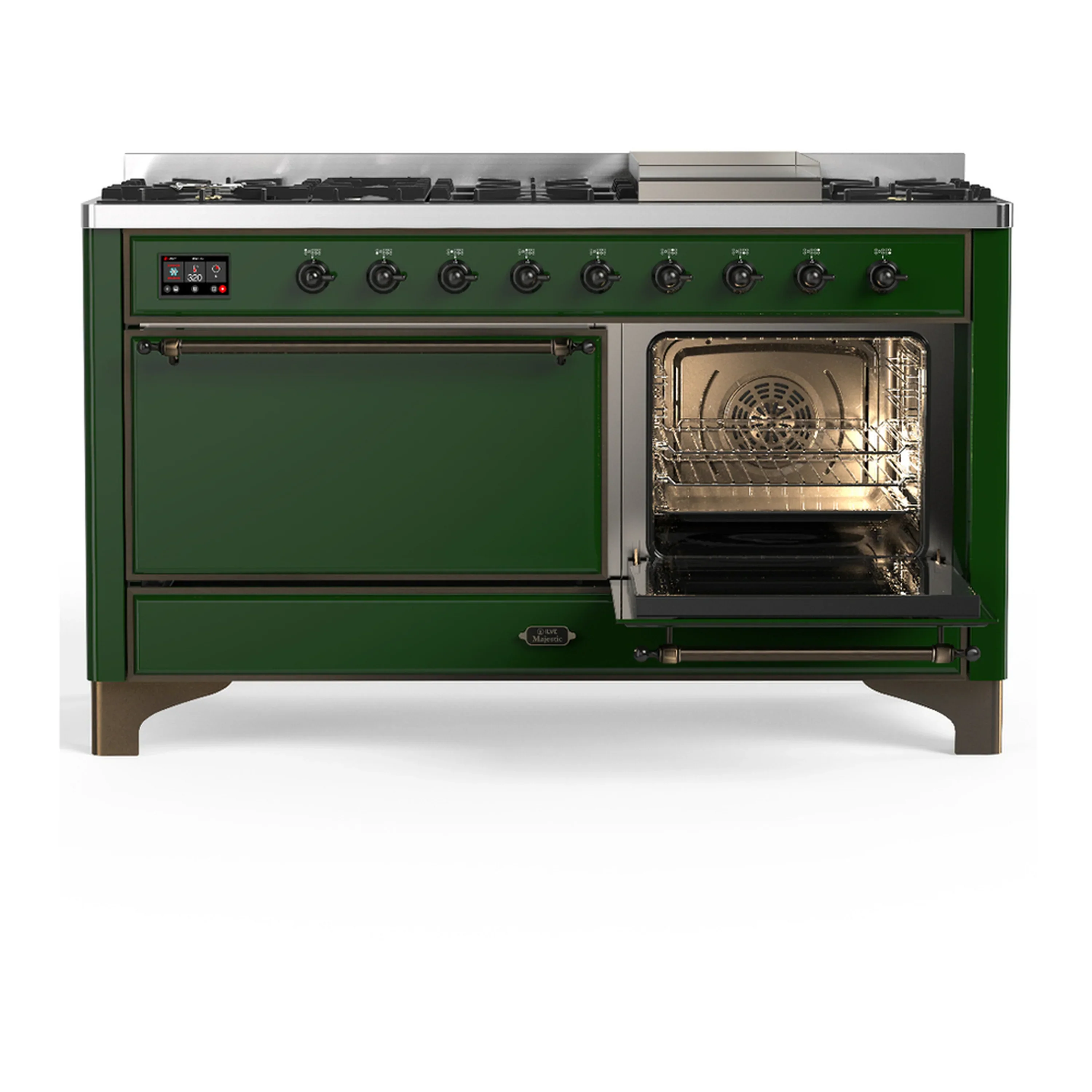 ILVE Majestic III 60-inch Dual Fuel Range with 7 Natural Gas Burner, Griddle and Solid Door Electric Oven in Emerald Green with Burnished Trim (UM60FQNR3EGB) - Image 4