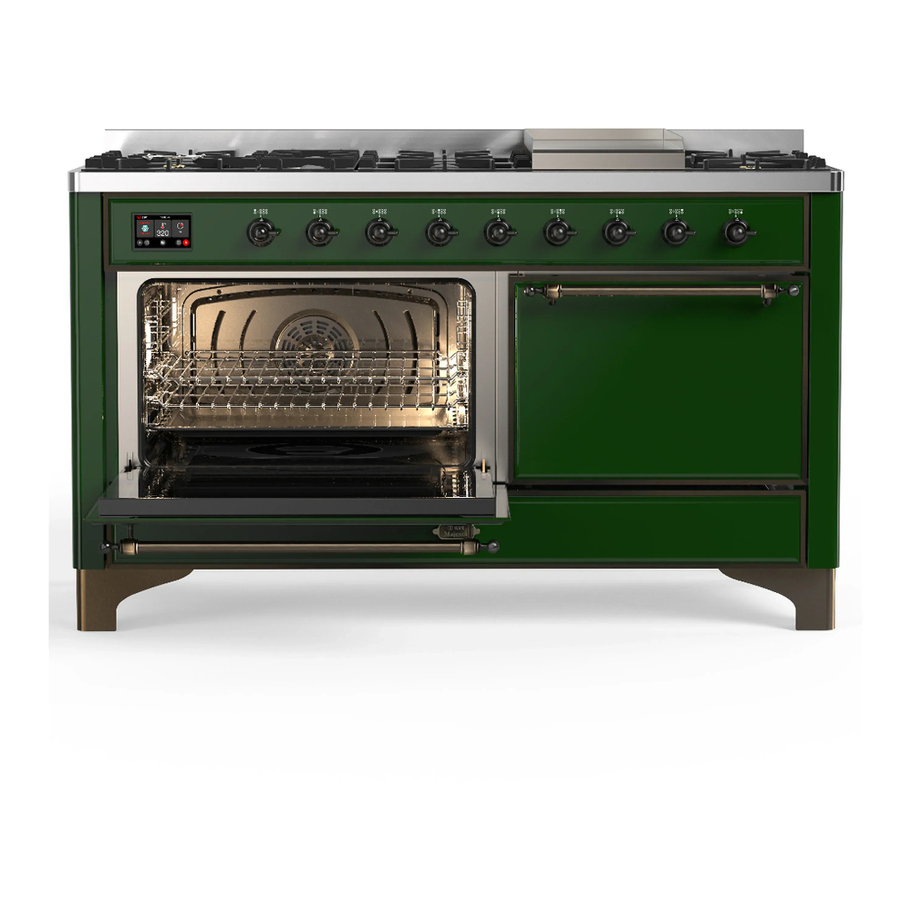 ILVE Majestic III 60-inch Dual Fuel Range with 7 Natural Gas Burner, Griddle and Solid Door Electric Oven in Emerald Green with Burnished Trim (UM60FQNR3EGB) - Image 5