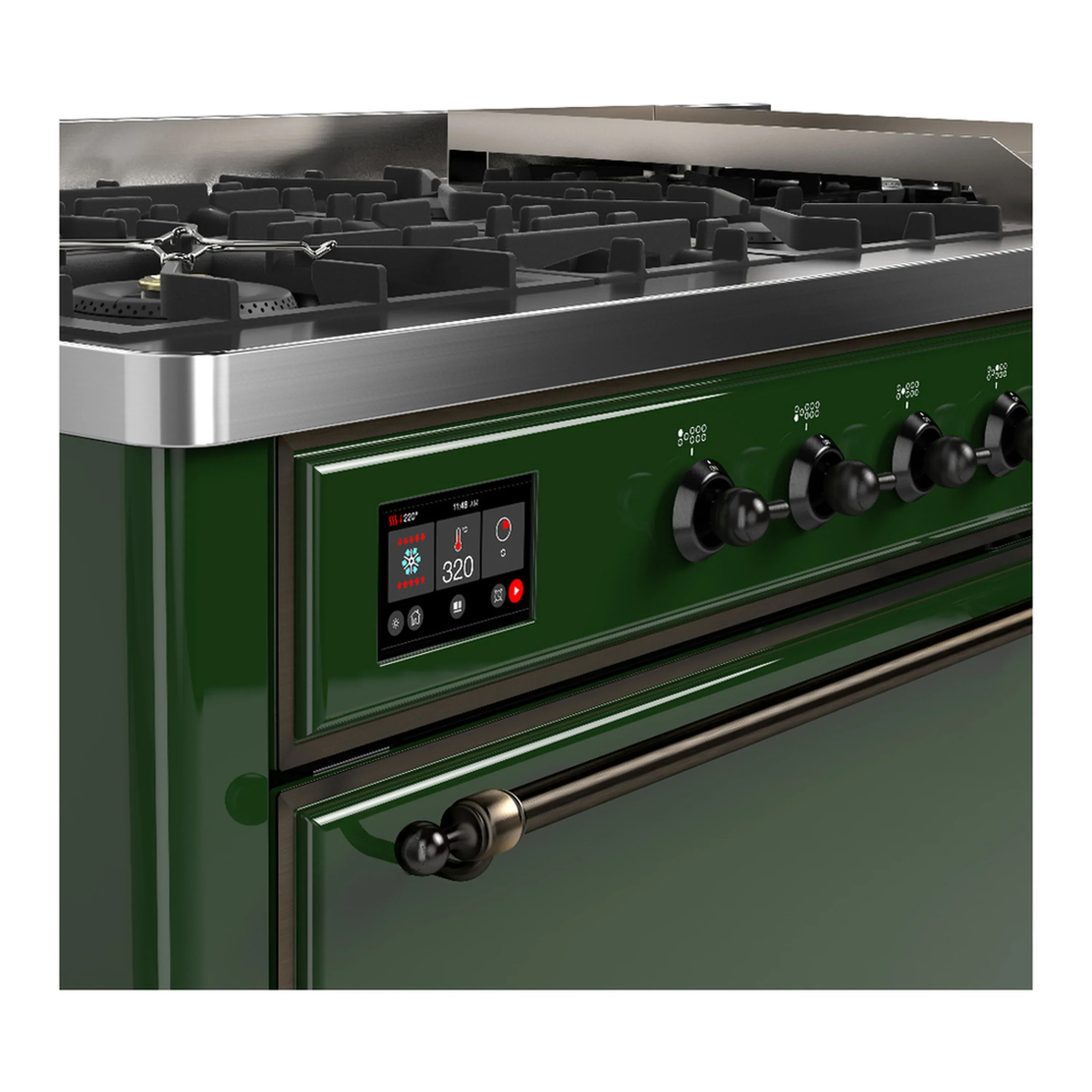 ILVE Majestic III 60-inch Dual Fuel Range with 7 Natural Gas Burner, Griddle and Solid Door Electric Oven in Emerald Green with Burnished Trim (UM60FQNR3EGB) - Image 7