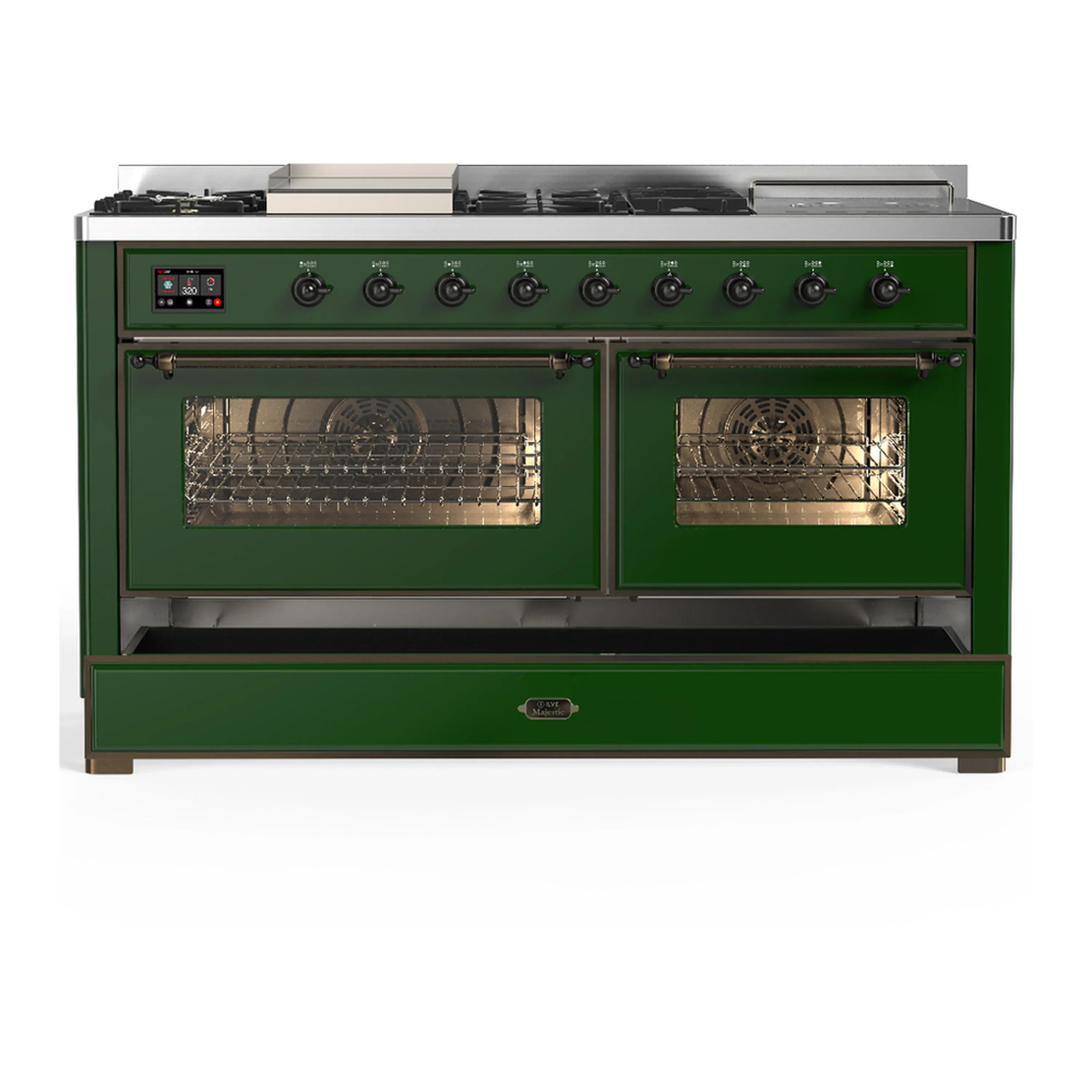 ILVE Majestic III 60-inch Dual Fuel Range with 7 Natural Gas Burner, Griddle, French Top and Triple Glass Door Electric Oven in Emerald Green with Burnished Trim (UM60FSNR3EGB) - Image 3