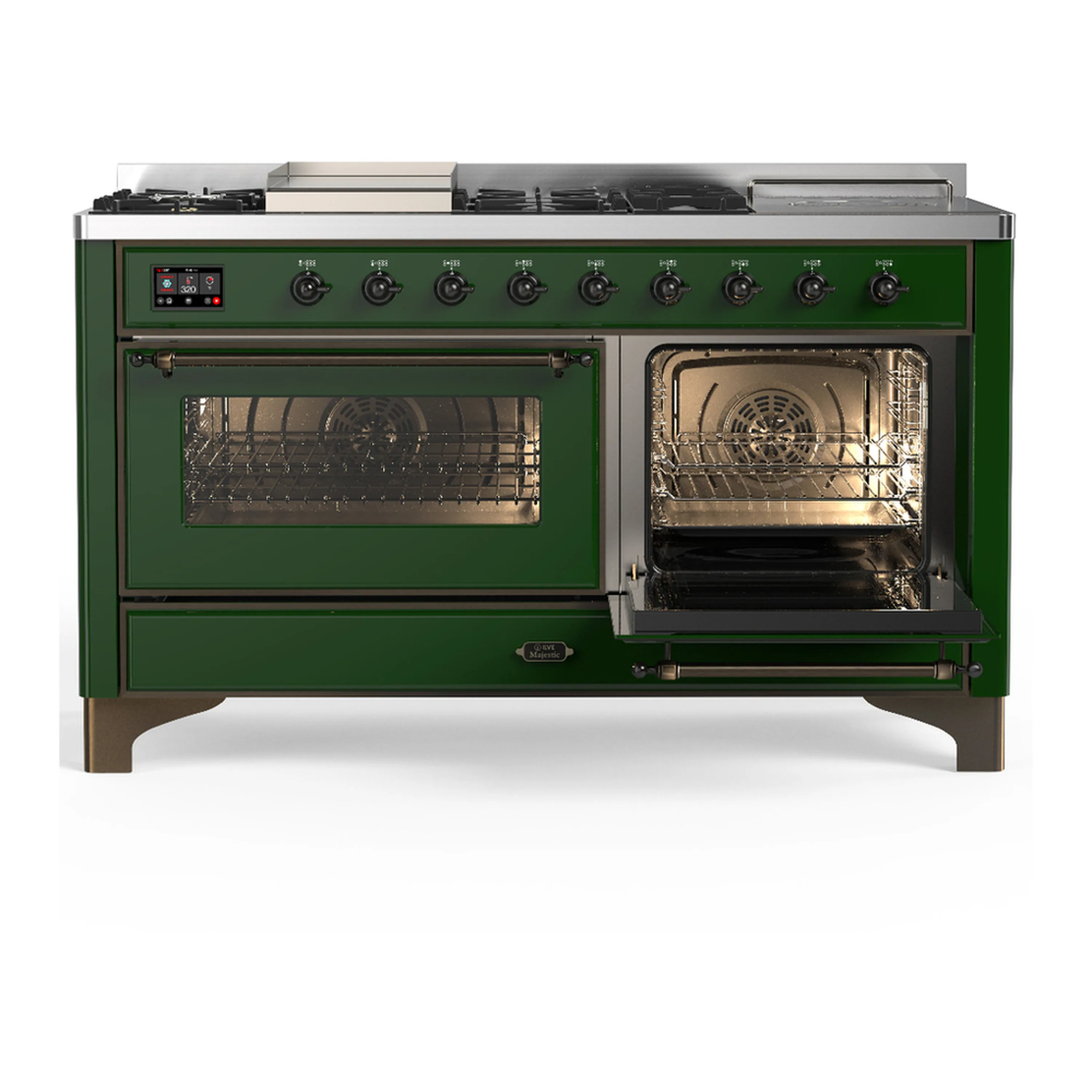ILVE Majestic III 60-inch Dual Fuel Range with 7 Natural Gas Burner, Griddle, French Top and Triple Glass Door Electric Oven in Emerald Green with Burnished Trim (UM60FSNR3EGB) - Image 4