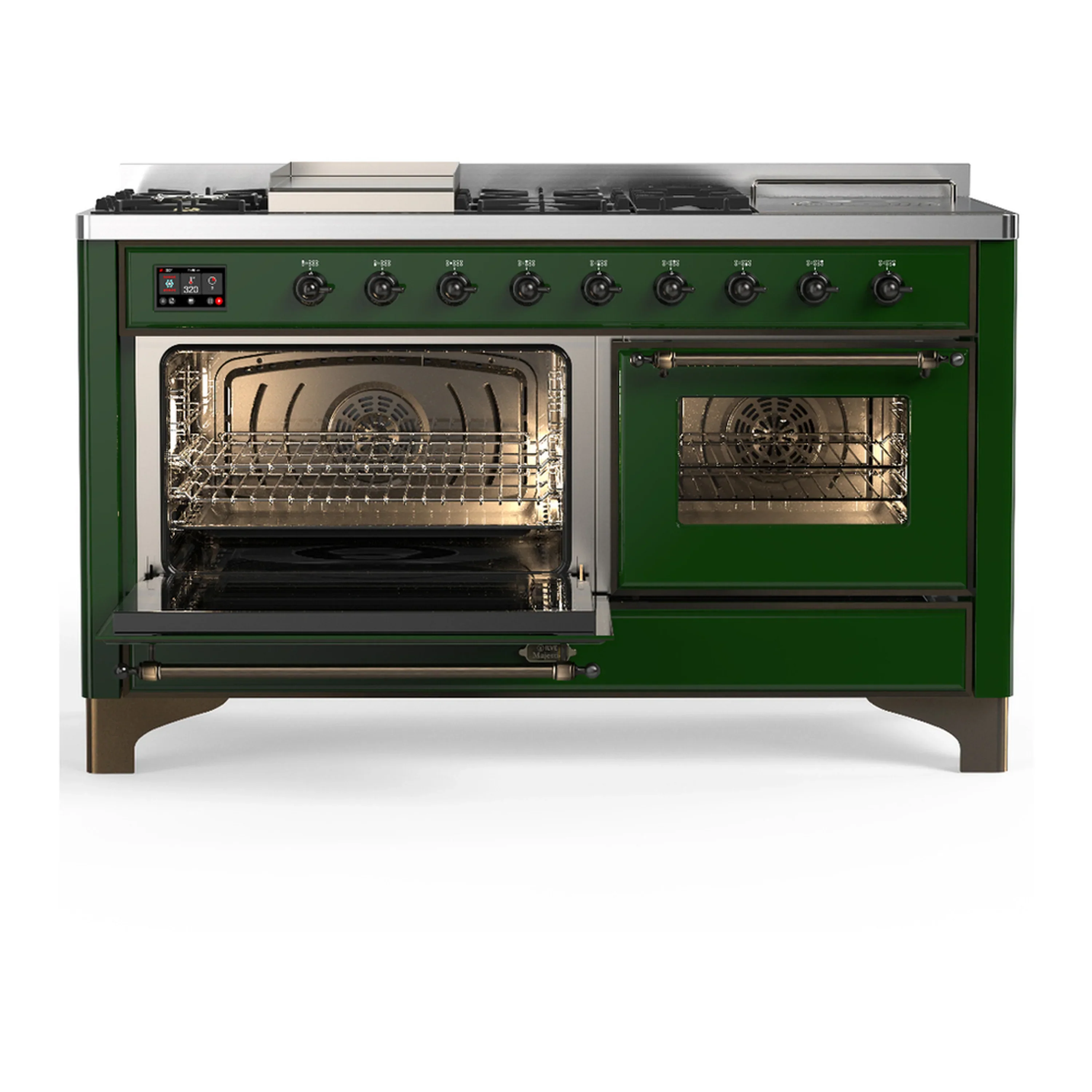 ILVE Majestic III 60-inch Dual Fuel Range with 7 Natural Gas Burner, Griddle, French Top and Triple Glass Door Electric Oven in Emerald Green with Burnished Trim (UM60FSNR3EGB) - Image 5