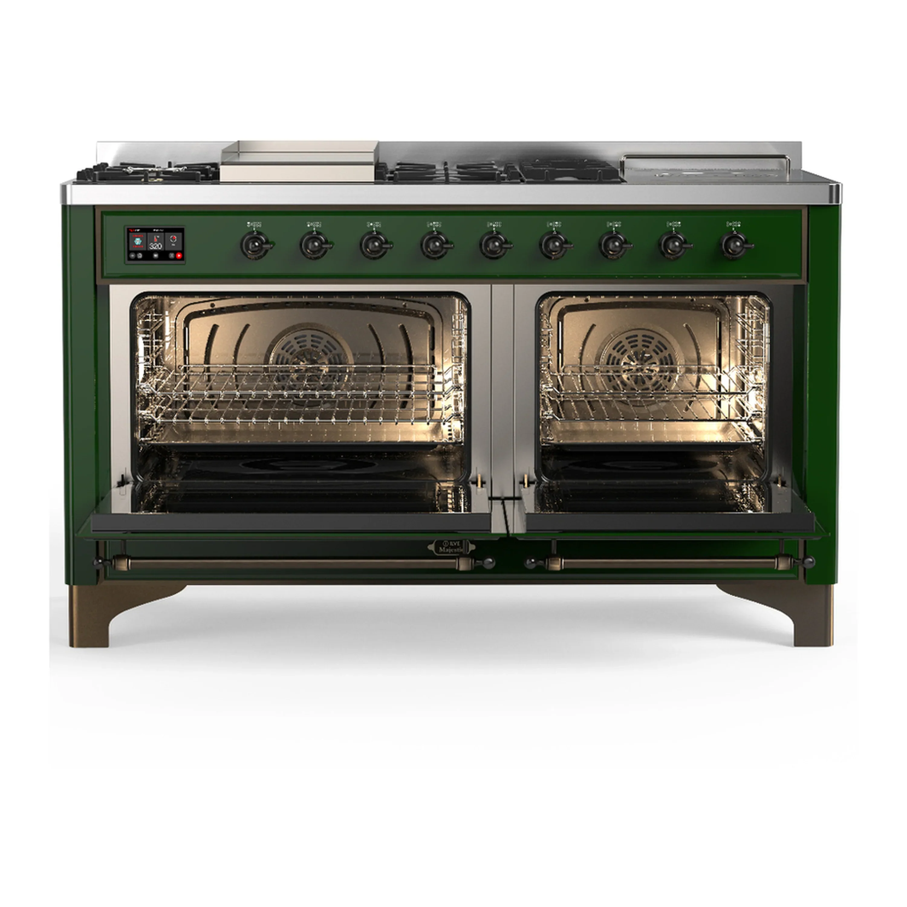 ILVE Majestic III 60-inch Dual Fuel Range with 7 Natural Gas Burner, Griddle, French Top and Triple Glass Door Electric Oven in Emerald Green with Burnished Trim (UM60FSNR3EGB) - Image 6
