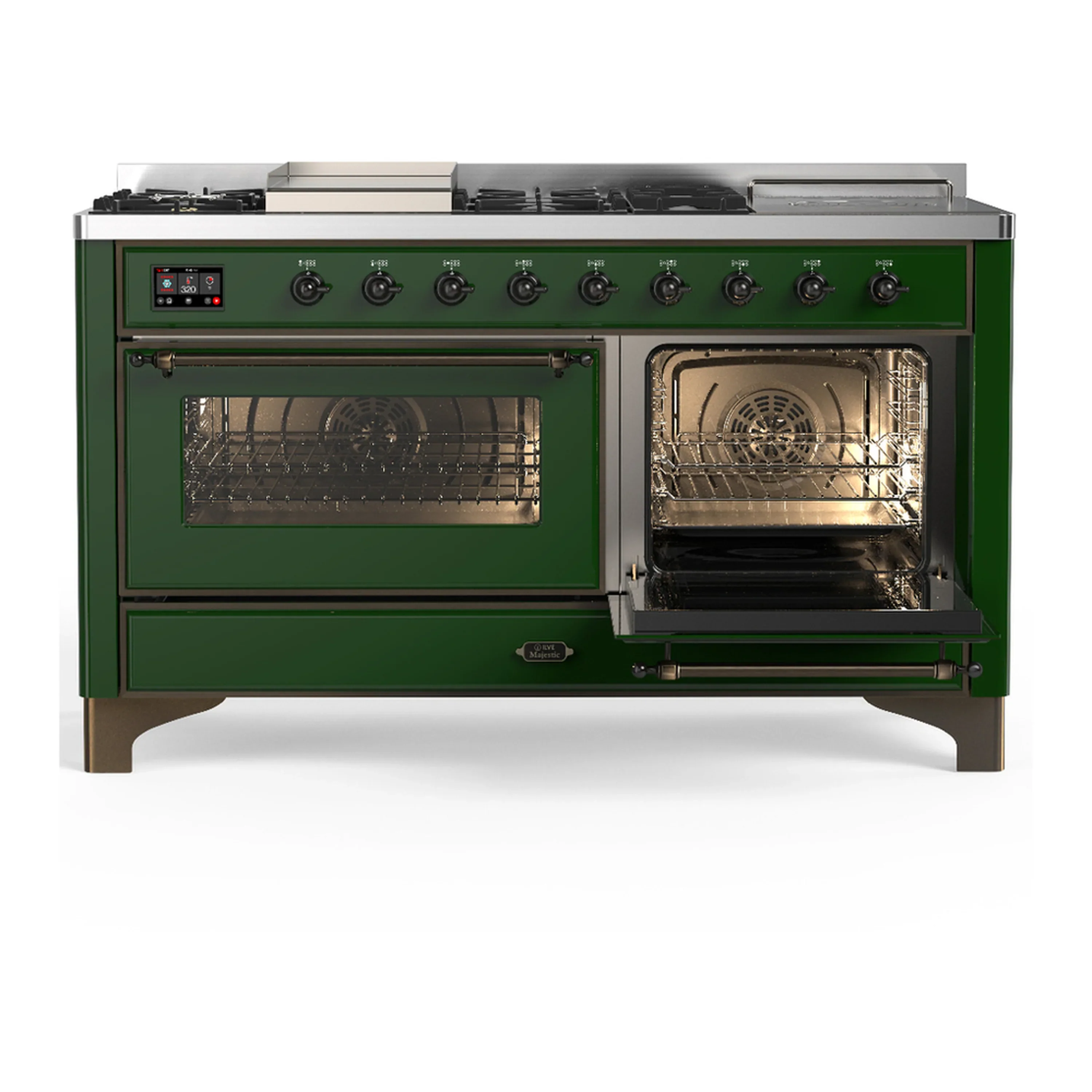 ILVE Majestic III 60-inch Dual Fuel Range with 5 Liquid Propane Burner, Griddle, French Top and Triple Glass Door Electric Oven in Emerald Green with Burnished Trim (UM60FSNR3EGBLP) - Image 4