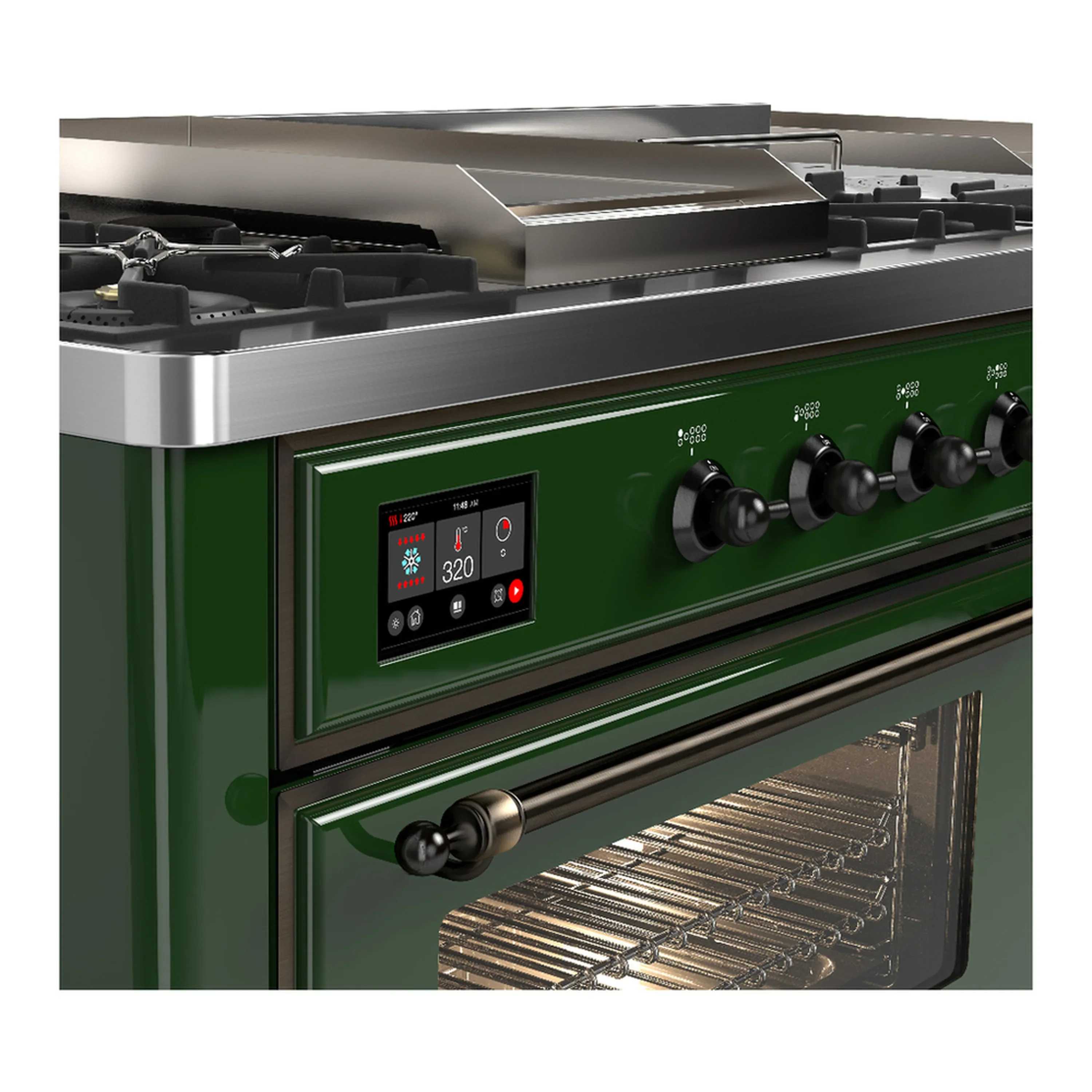 ILVE Majestic III 60-inch Dual Fuel Range with 5 Liquid Propane Burner, Griddle, French Top and Triple Glass Door Electric Oven in Emerald Green with Burnished Trim (UM60FSNR3EGBLP) - Image 7