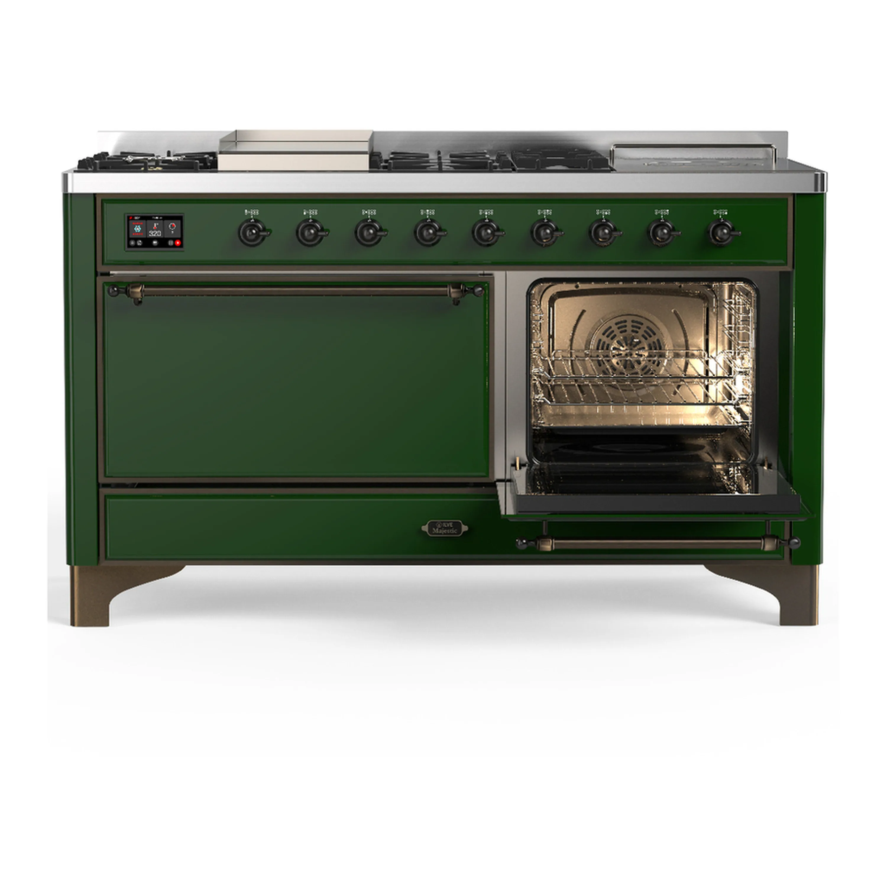 ILVE Majestic III 60-inch Dual Fuel Range with 7 Natural Gas Burner, Griddle, French Top and Solid Door Electric Oven in Emerald Green with Burnished Trim (UM60FSQNR3EGB) - Image 4
