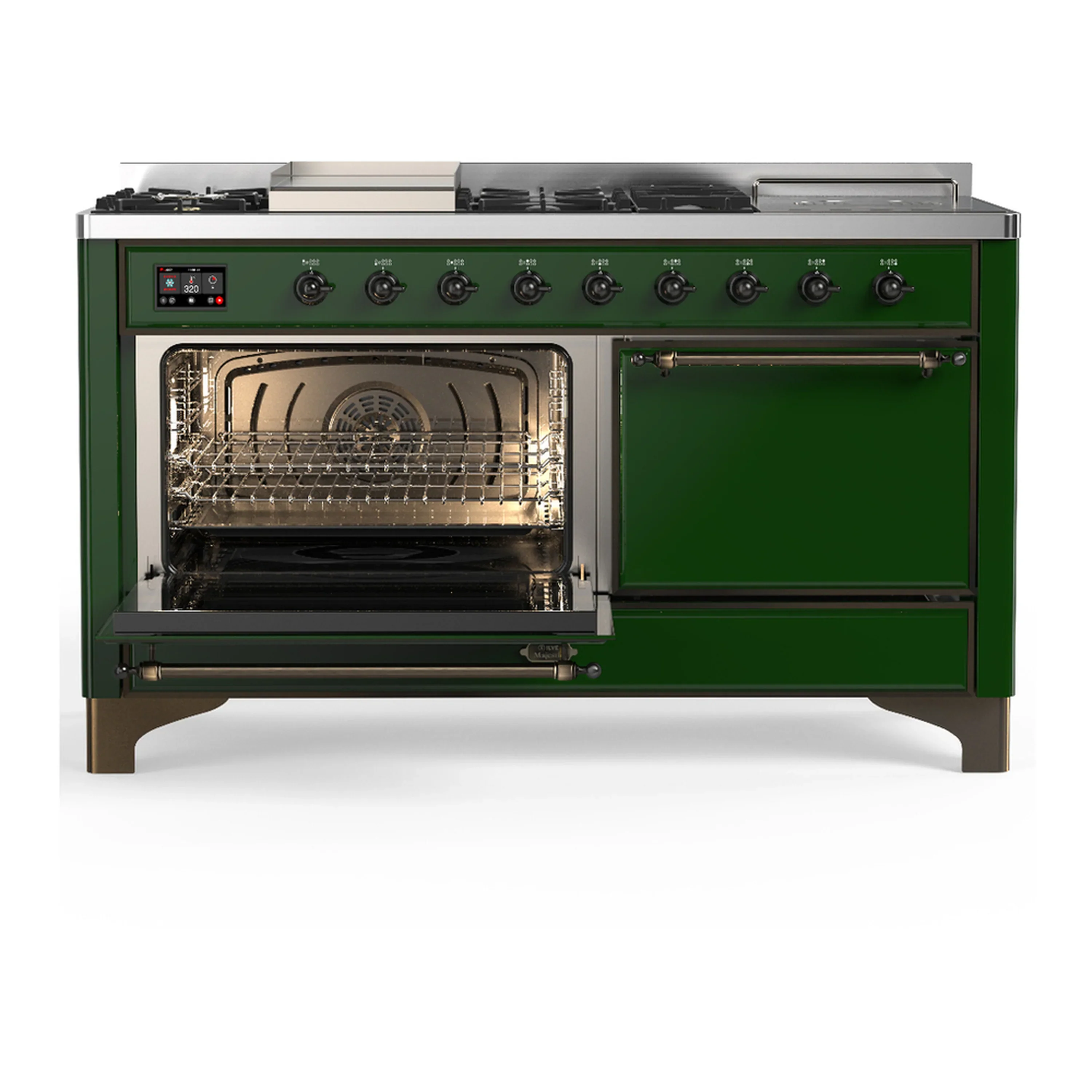 ILVE Majestic III 60-inch Dual Fuel Range with 7 Natural Gas Burner, Griddle, French Top and Solid Door Electric Oven in Emerald Green with Burnished Trim (UM60FSQNR3EGB) - Image 5